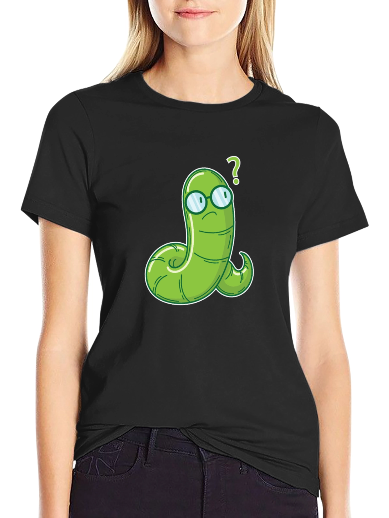 Black Worm with Glasses Graphic Tee - Funny Cartoon T-Shirt view 2