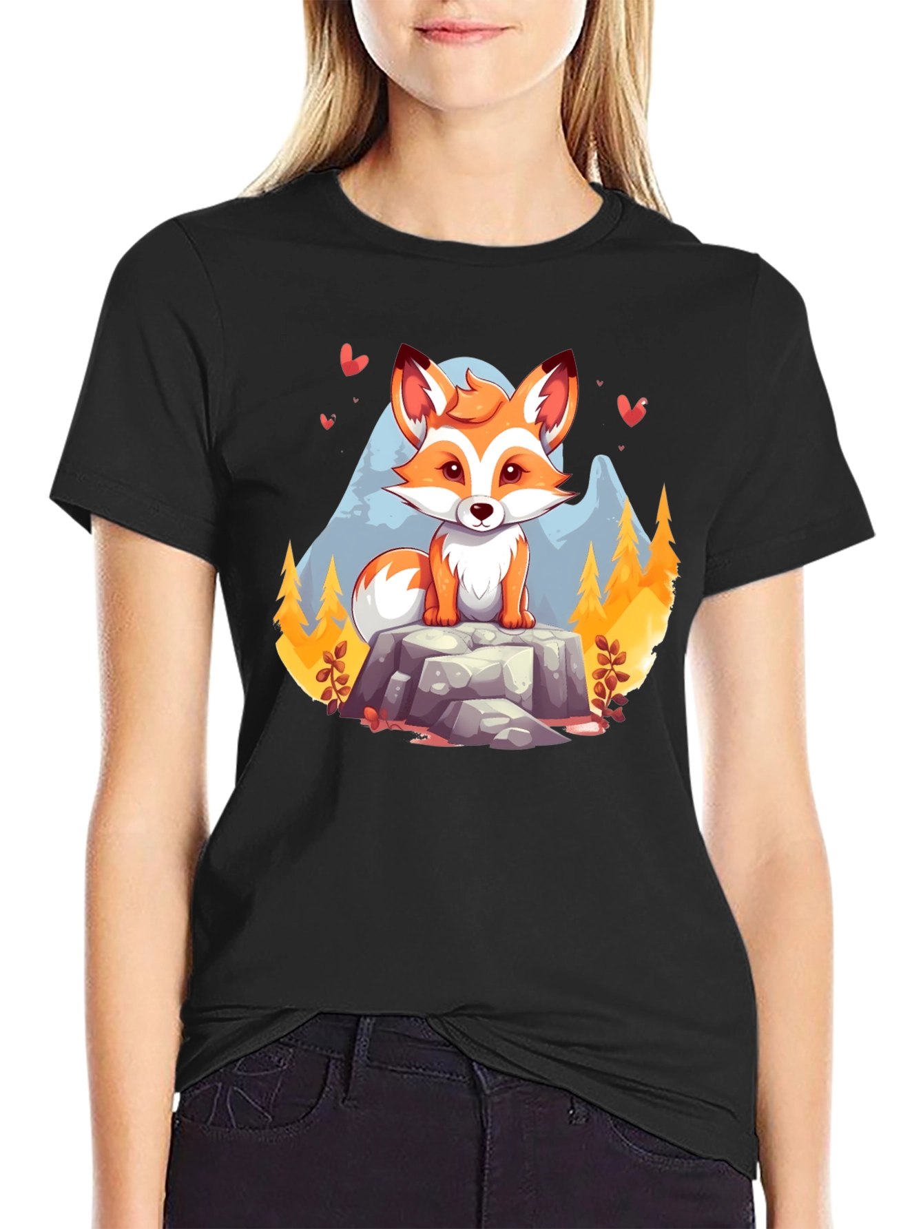 Black Cute Cartoon Fox on Rock Graphic Tee - Unisex Black T-Shirt view 2