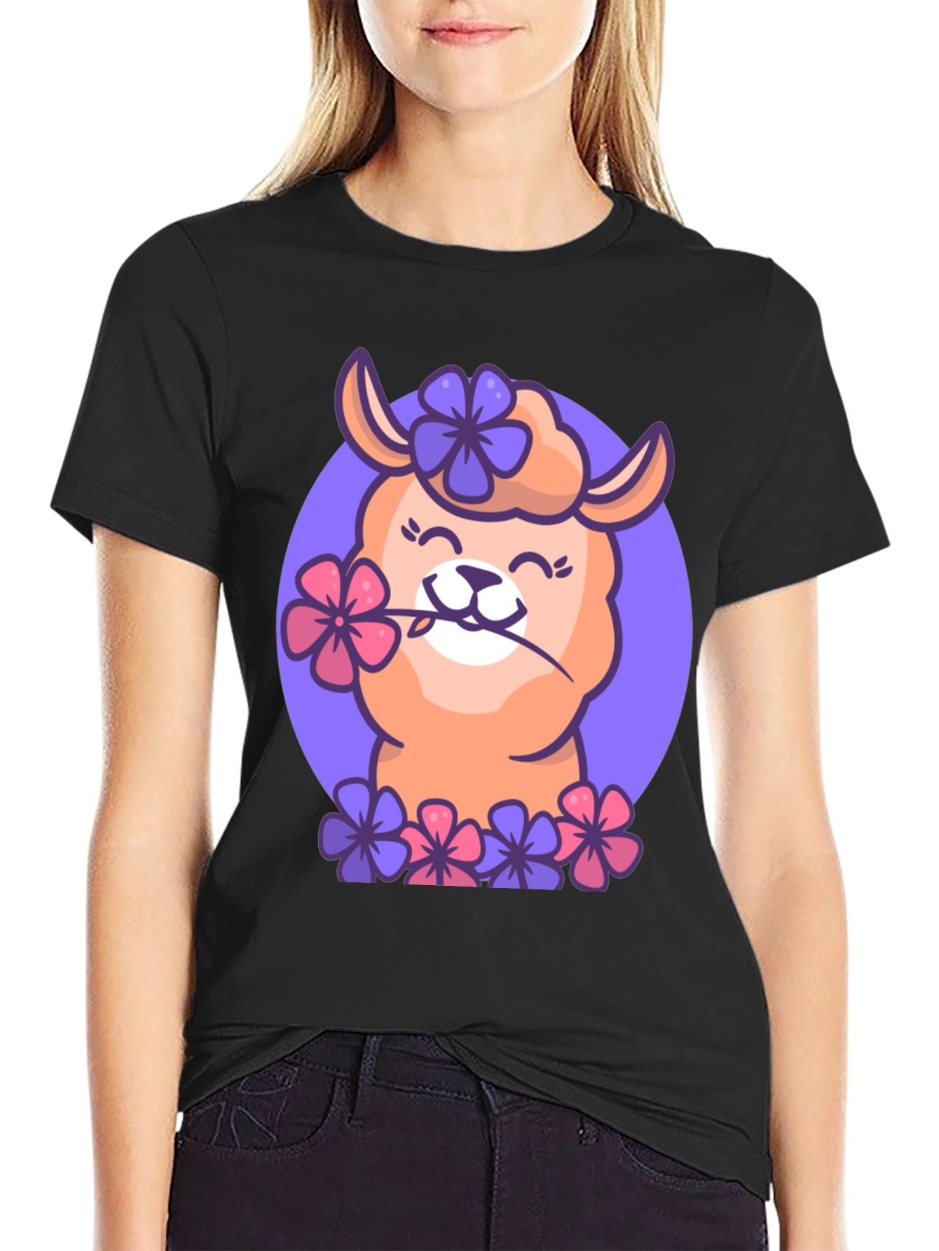 Black Llama Flower Power T-Shirt - Cute Cartoon Design view 2