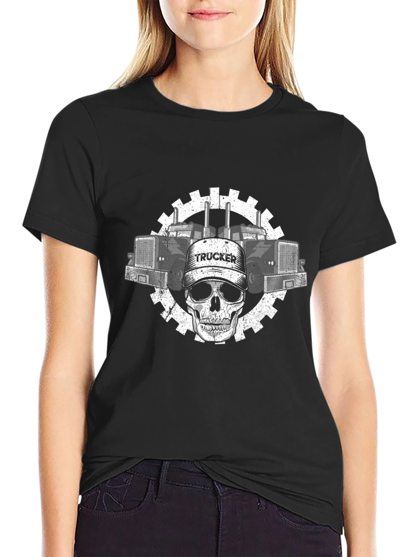 Black Trucker Skull Graphic Tee - Black Cotton view 2