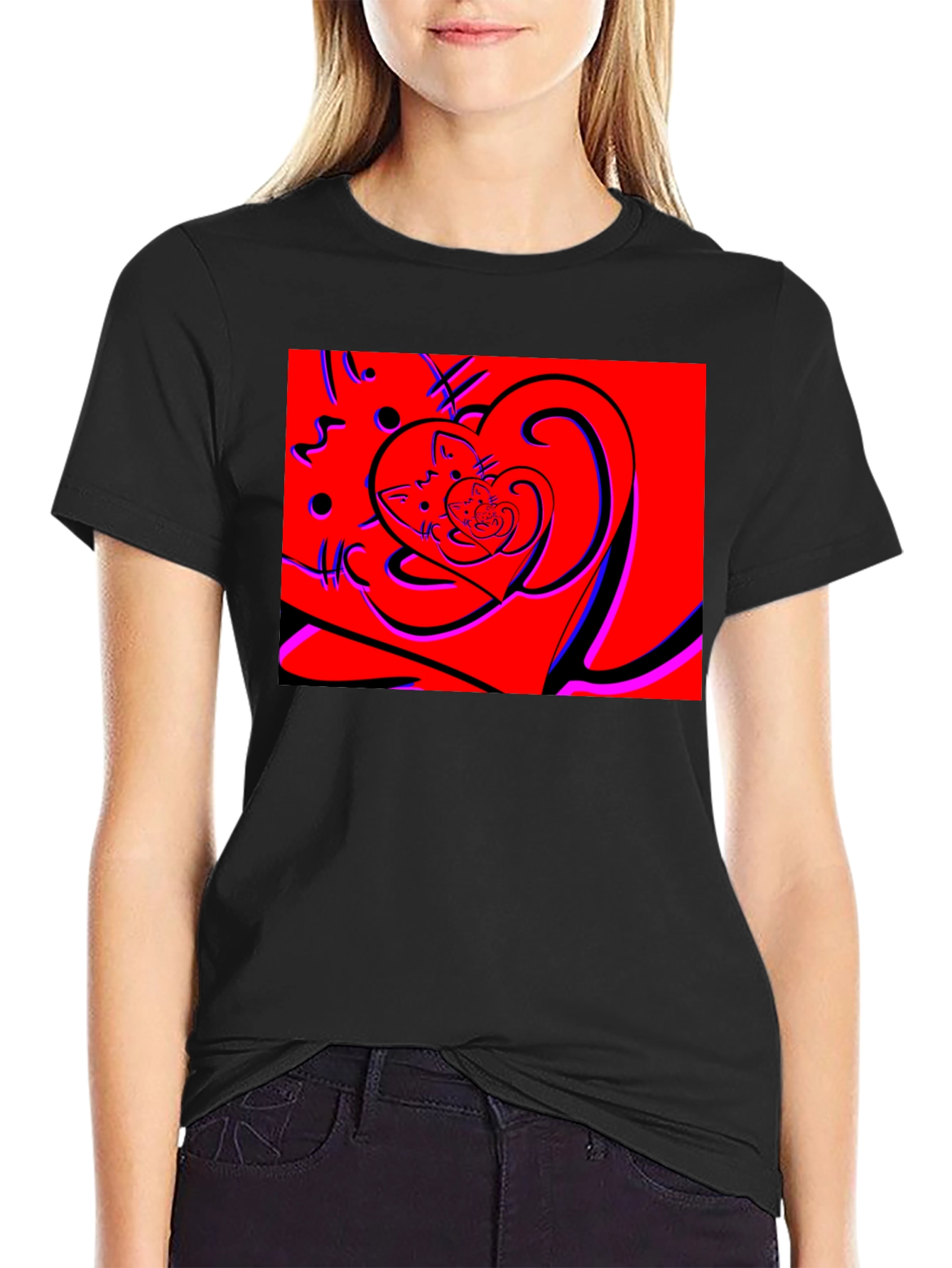 Black Red Cat Heart Graphic Tee - Black Cotton Blend view 2