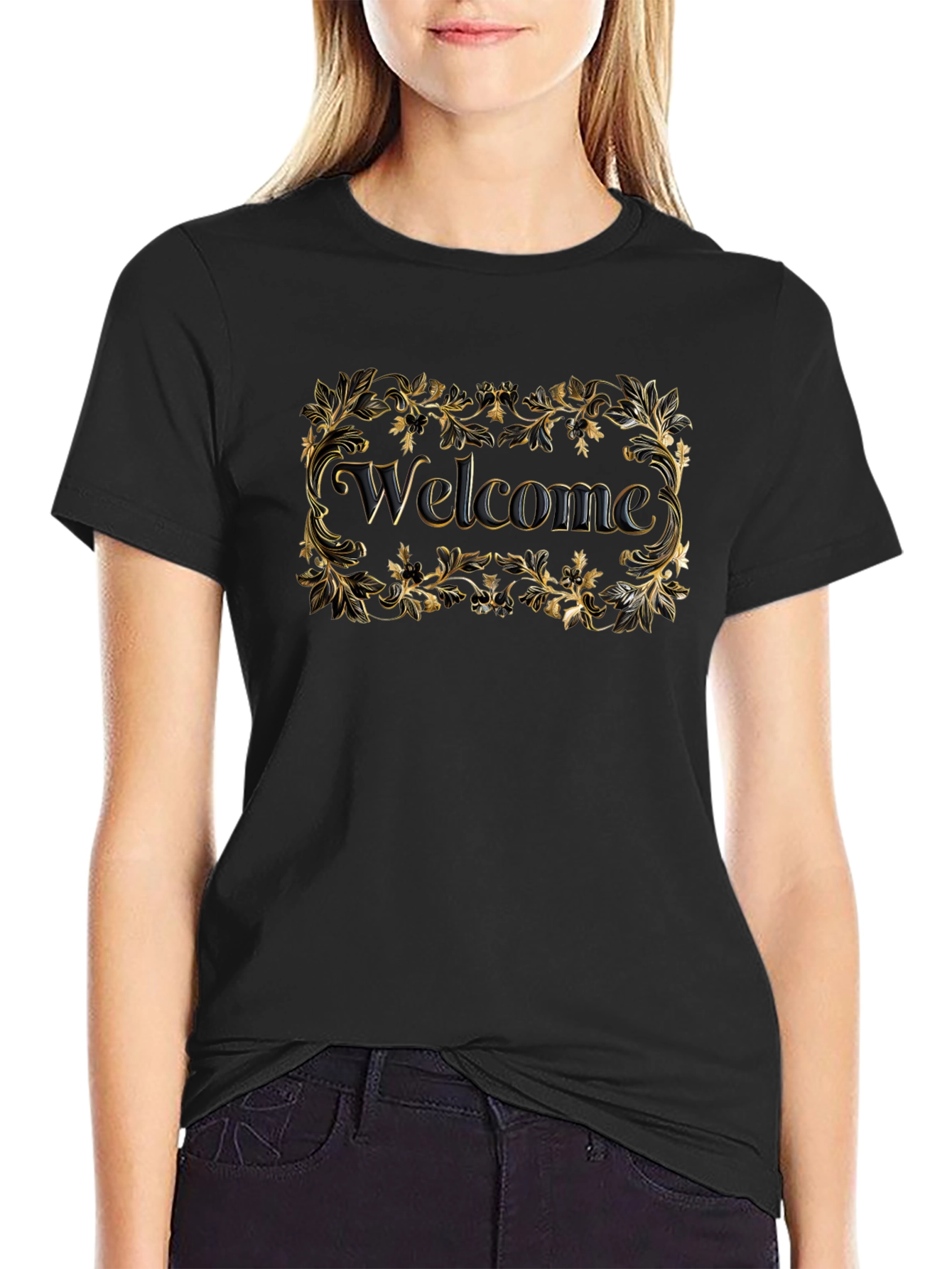 Black Welcome Black T-Shirt Gold Floral view 2