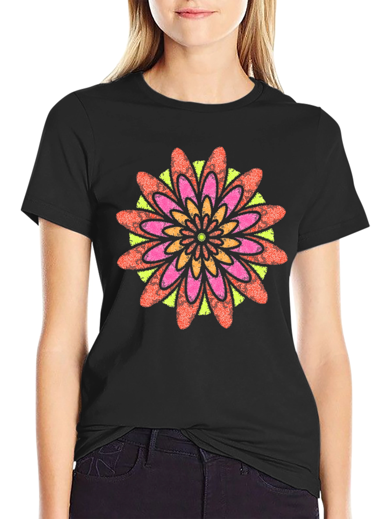 Black Vibrant Floral Mandala Black T-Shirt view 2
