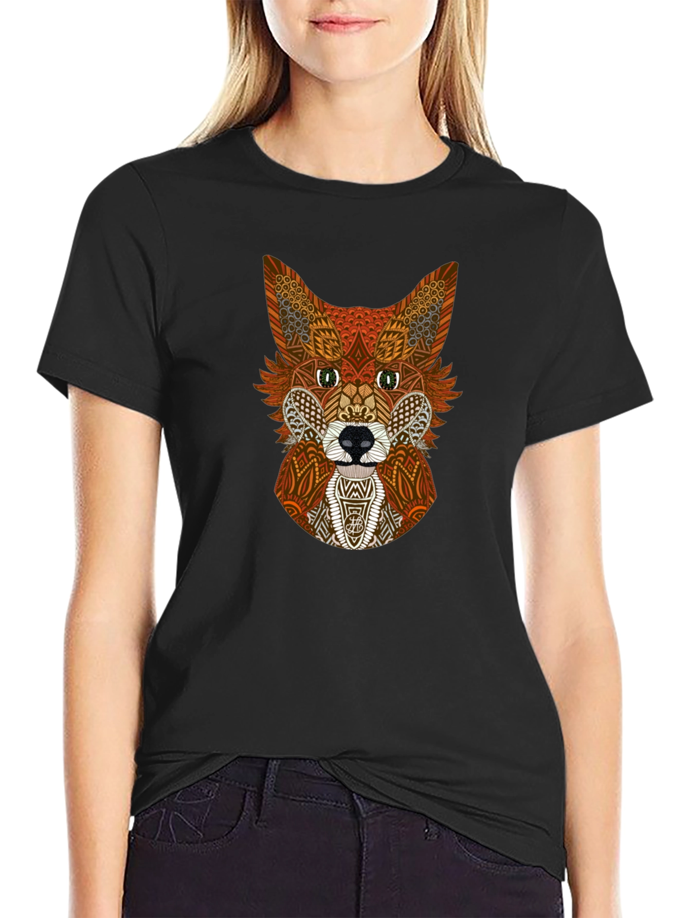 Black Geometric Fox Graphic Tee - Stylish Animal Print Shirt view 2