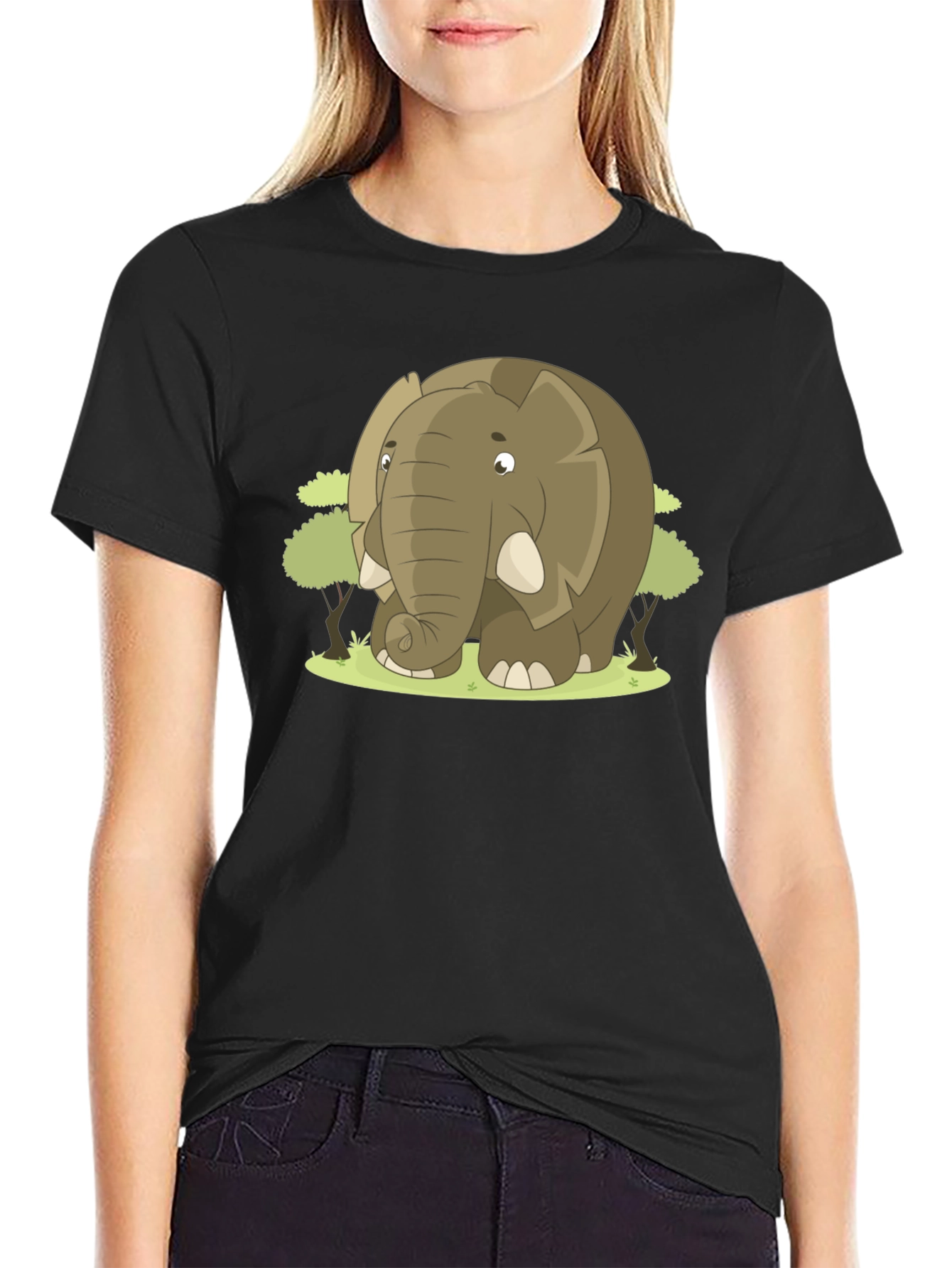 Black Elephant Cartoon Graphic T-Shirt view 2