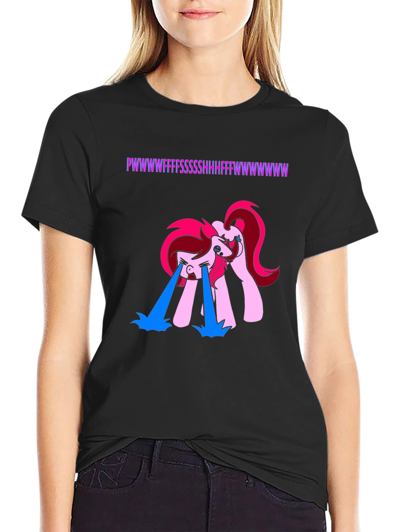 Black Funny Crying Pony Black T-Shirt view 2