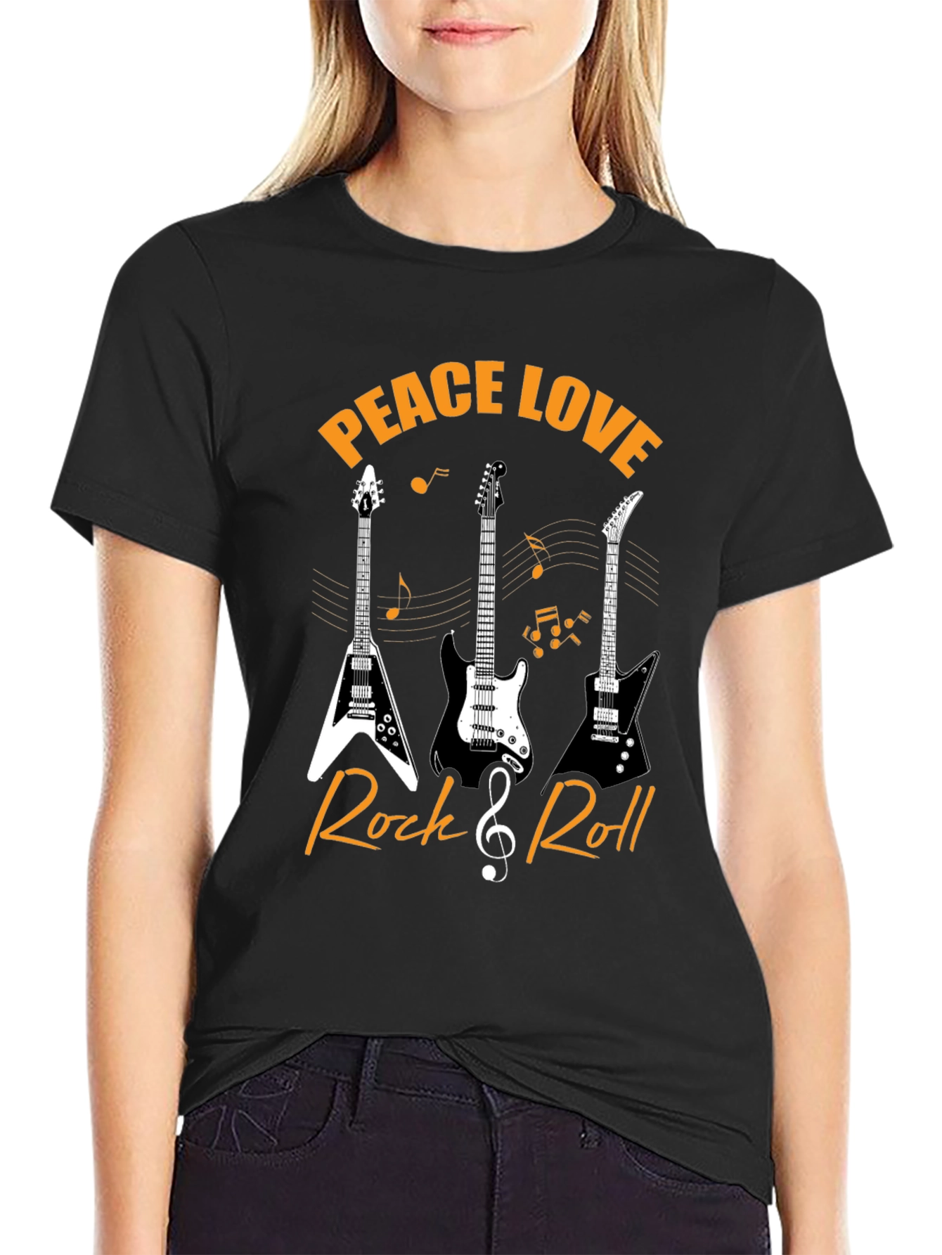 Black Peace Love Rock & Roll Guitar T-Shirt view 2