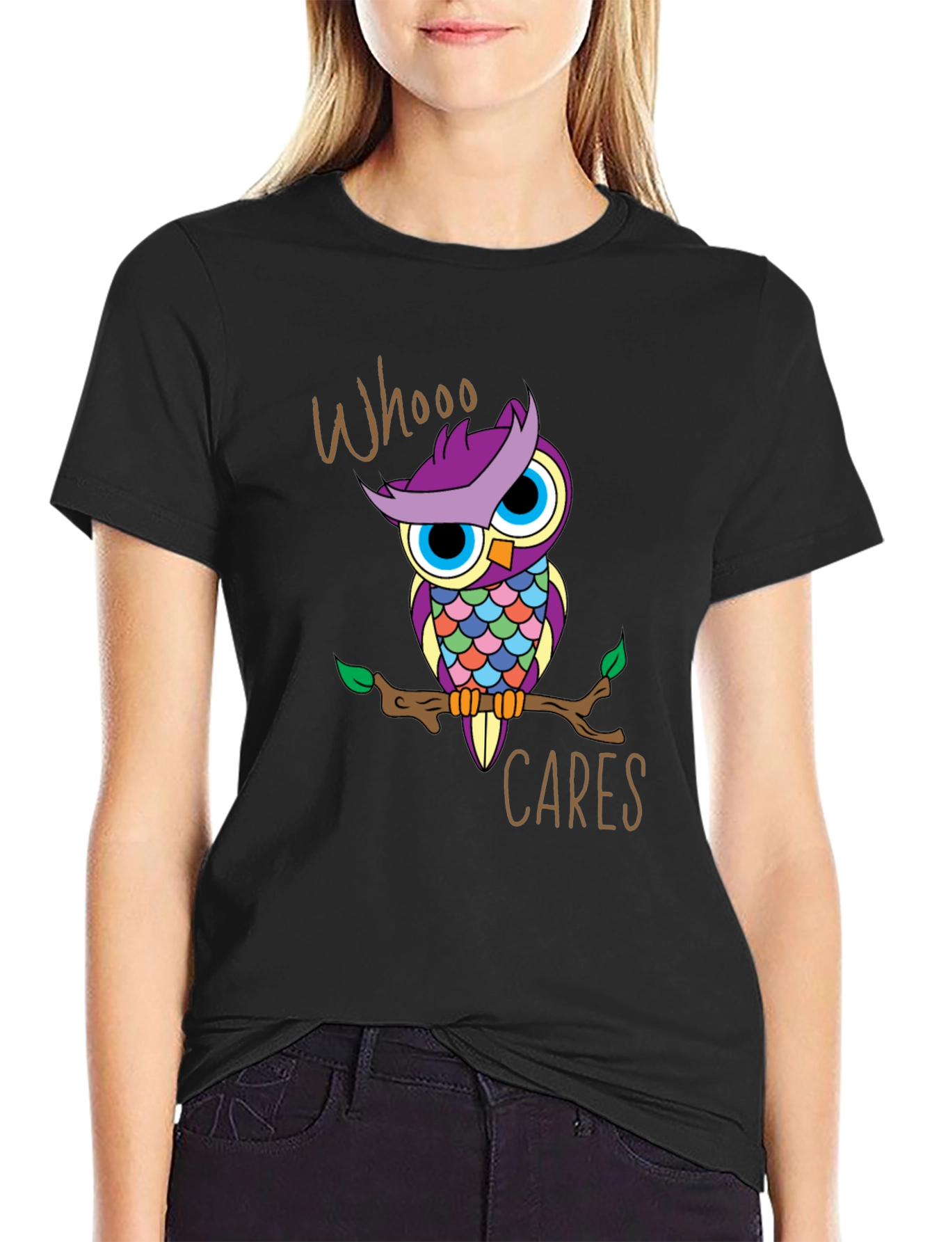 Black Whooo Cares Owl Graphic Print T-Shirt view 2