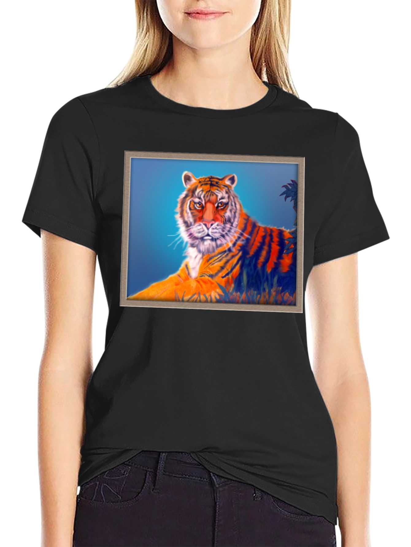 Black Tiger Graphic Print Crew Neck T-Shirt view 2