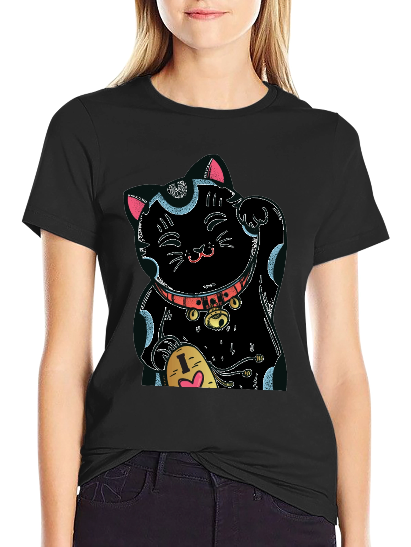Black Lucky Cat Graphic Tee - Black Cotton Blend view 2