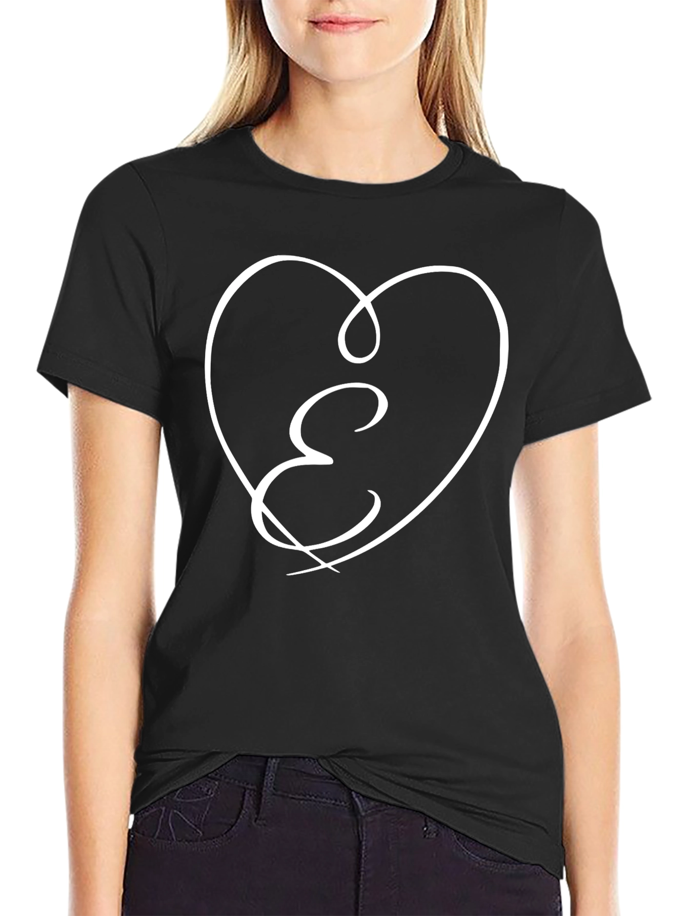 Black E Heart Graphic Tee - Stylish Black Cotton T-Shirt view 2
