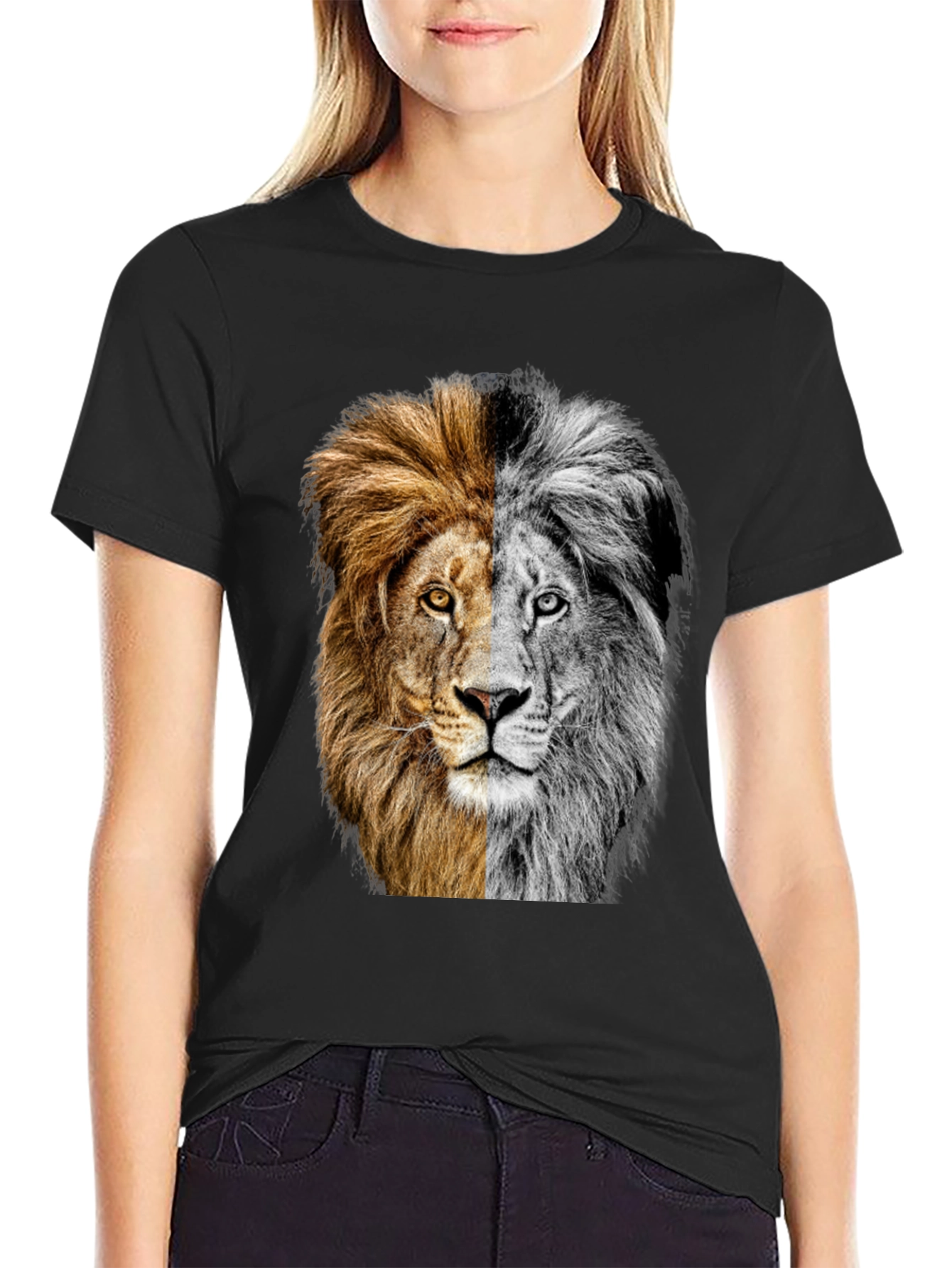 Black Two-Faced Lion Graphic Tee - Bold Animal Print view 2