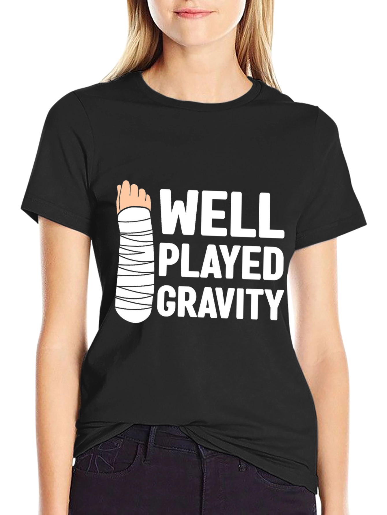 Black Funny Well Played Gravity T-Shirt - Broken Arm Humor Tee view 2