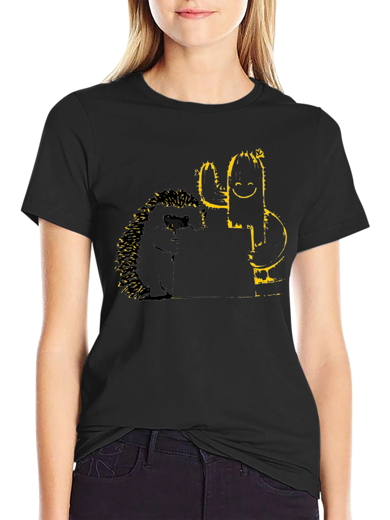 Black Hedgehog & Cactus Graphic T-Shirt - Black view 2