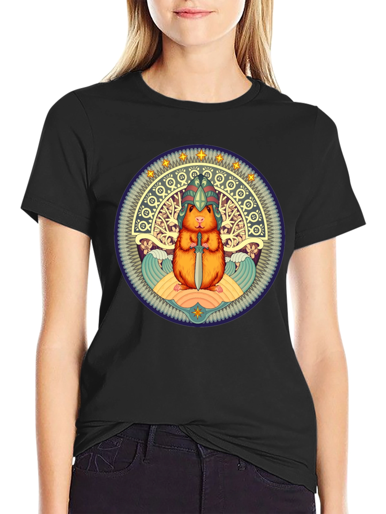 Black Hamster Warrior T-Shirt - Whimsical Graphic Tee view 2