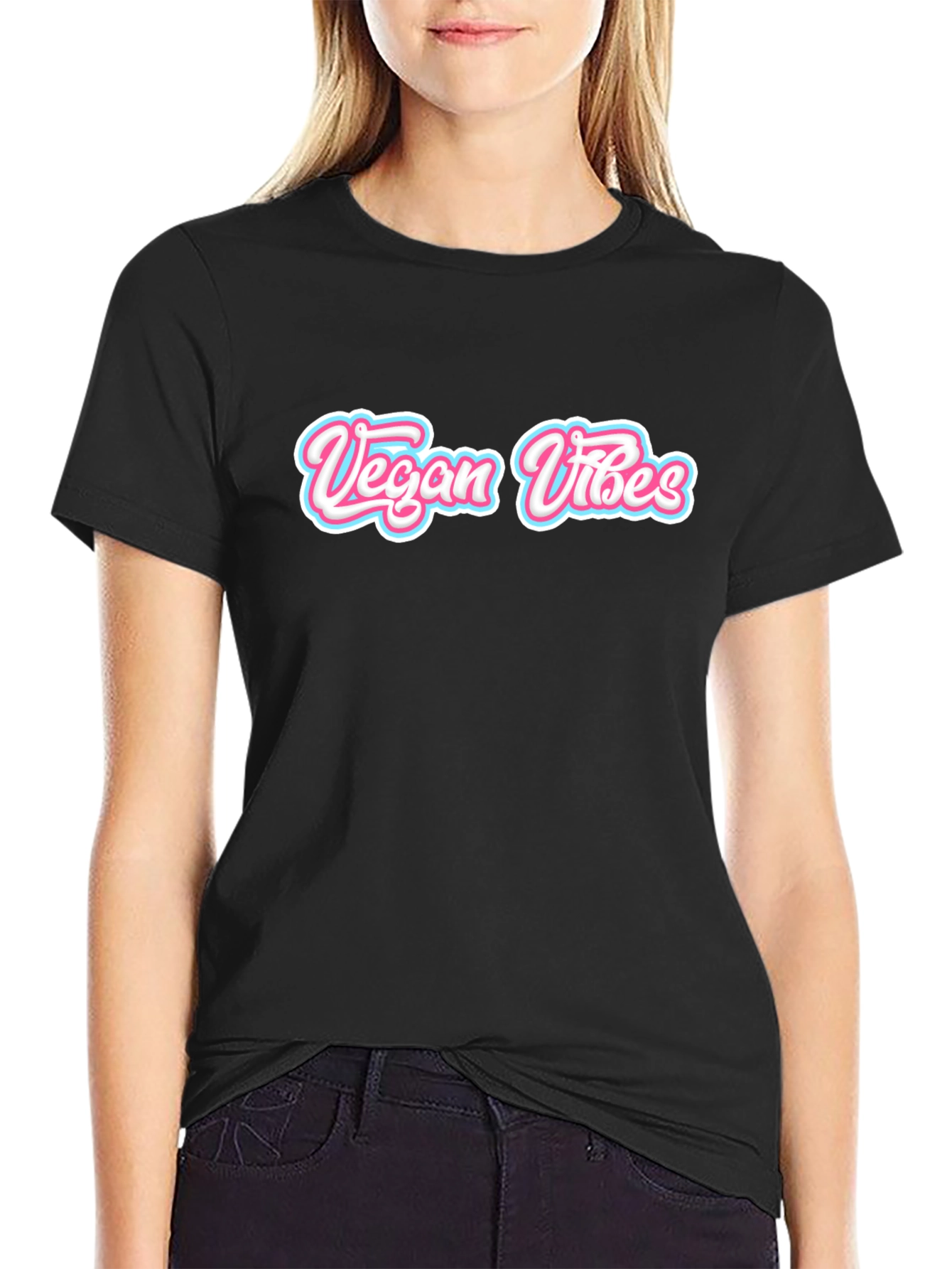 Black Vegan Vibes Graphic Tee - Black Cotton Blend view 2