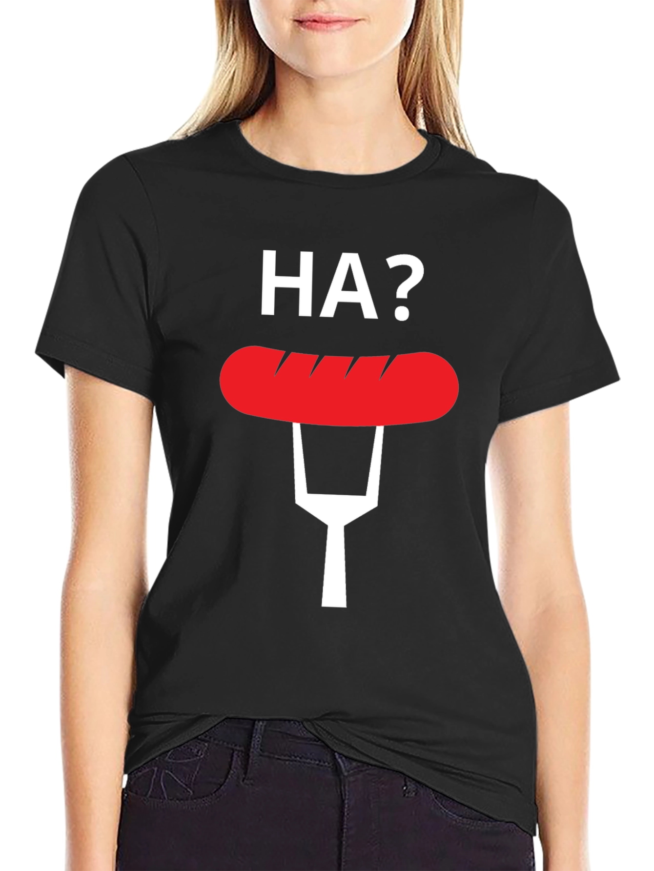 Black Funny "HA?" Hot Dog T-Shirt view 2
