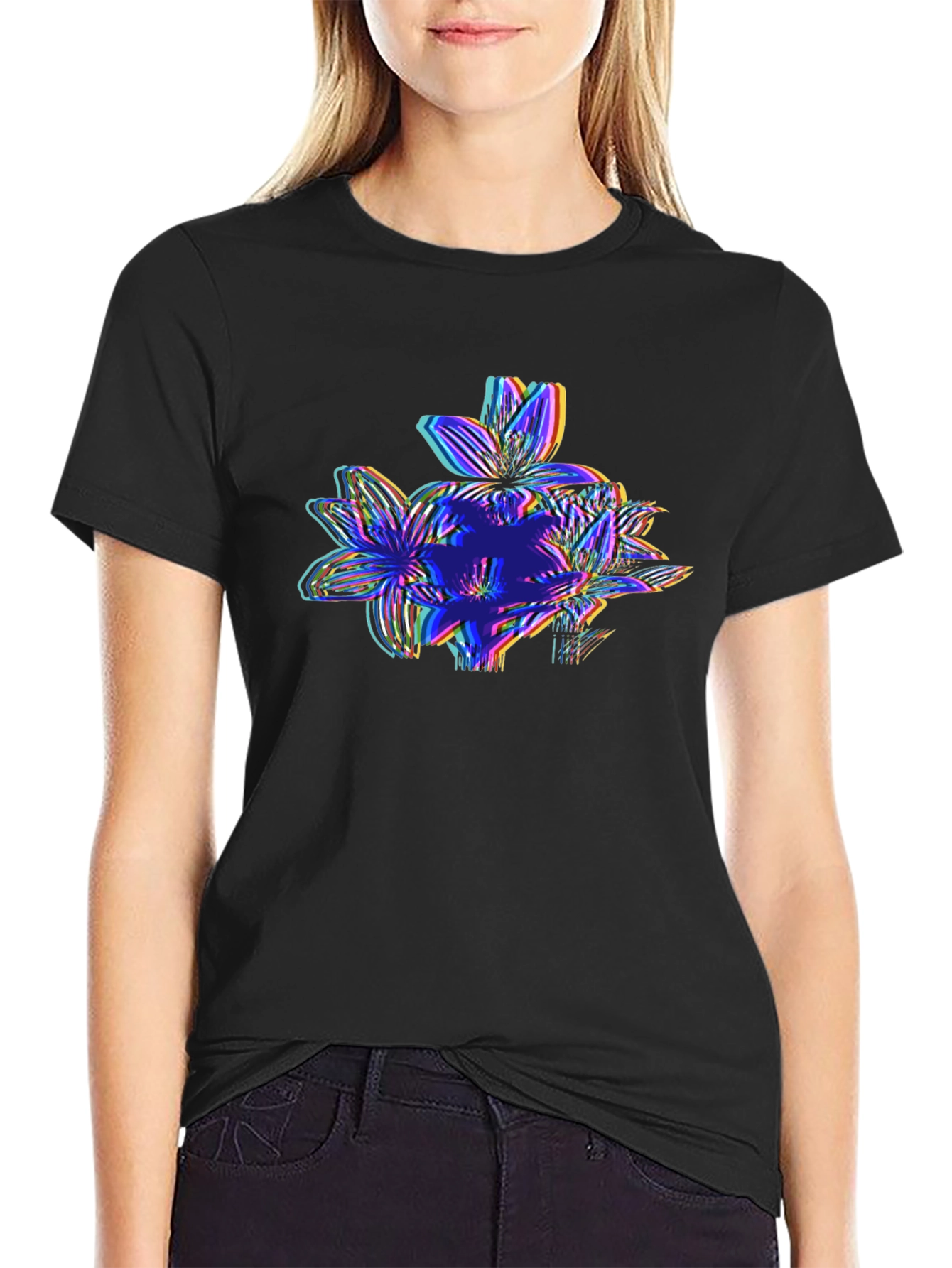 Black Vaporwave Floral Glitch Graphic Tee - Black view 2