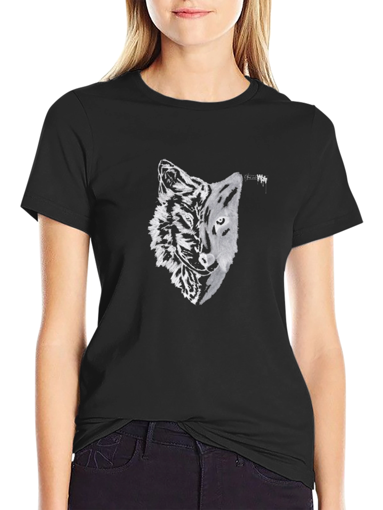 Black Wolf & Tiger Graphic Tee - Stylish Black T-Shirt view 2