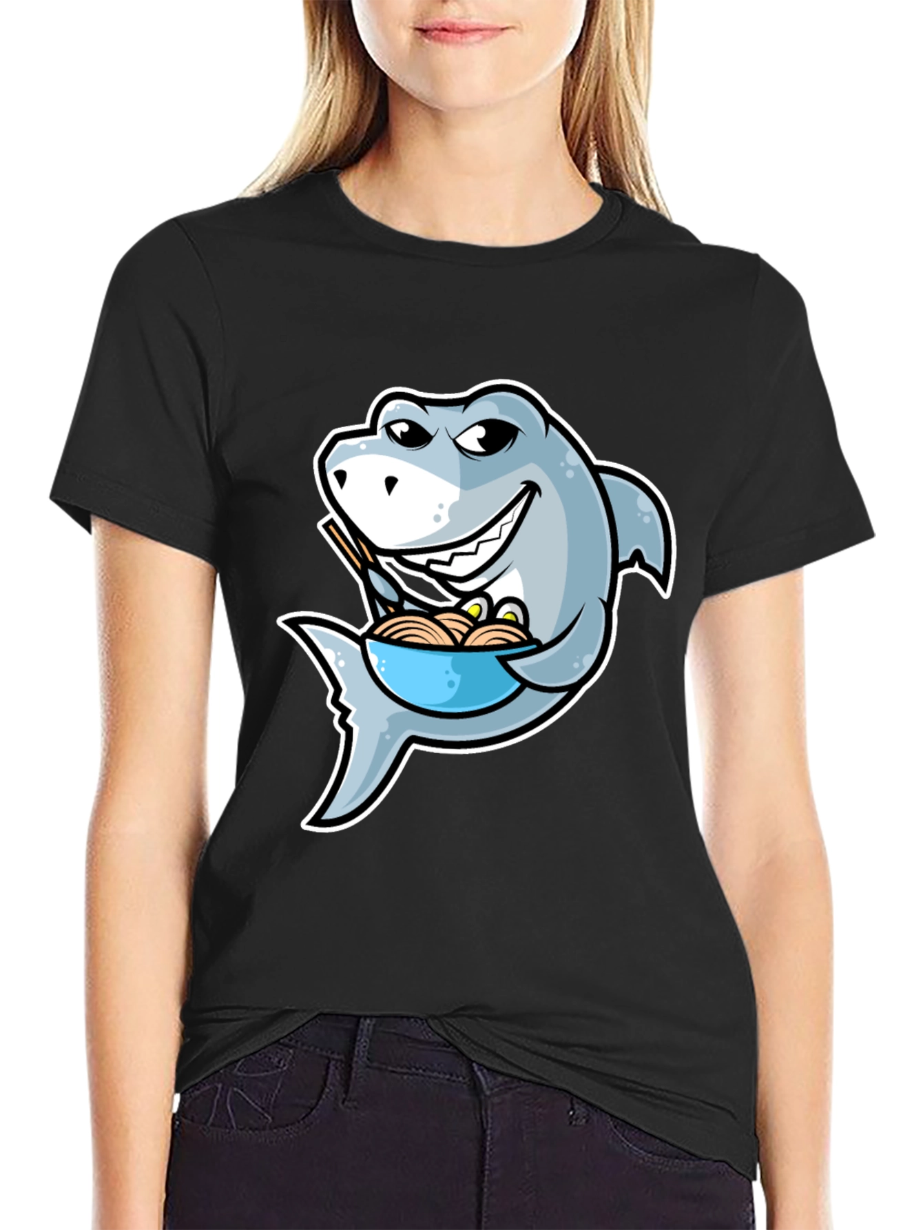 Black Shark Ramen T-Shirt - Funny Cartoon Graphic Tee view 2