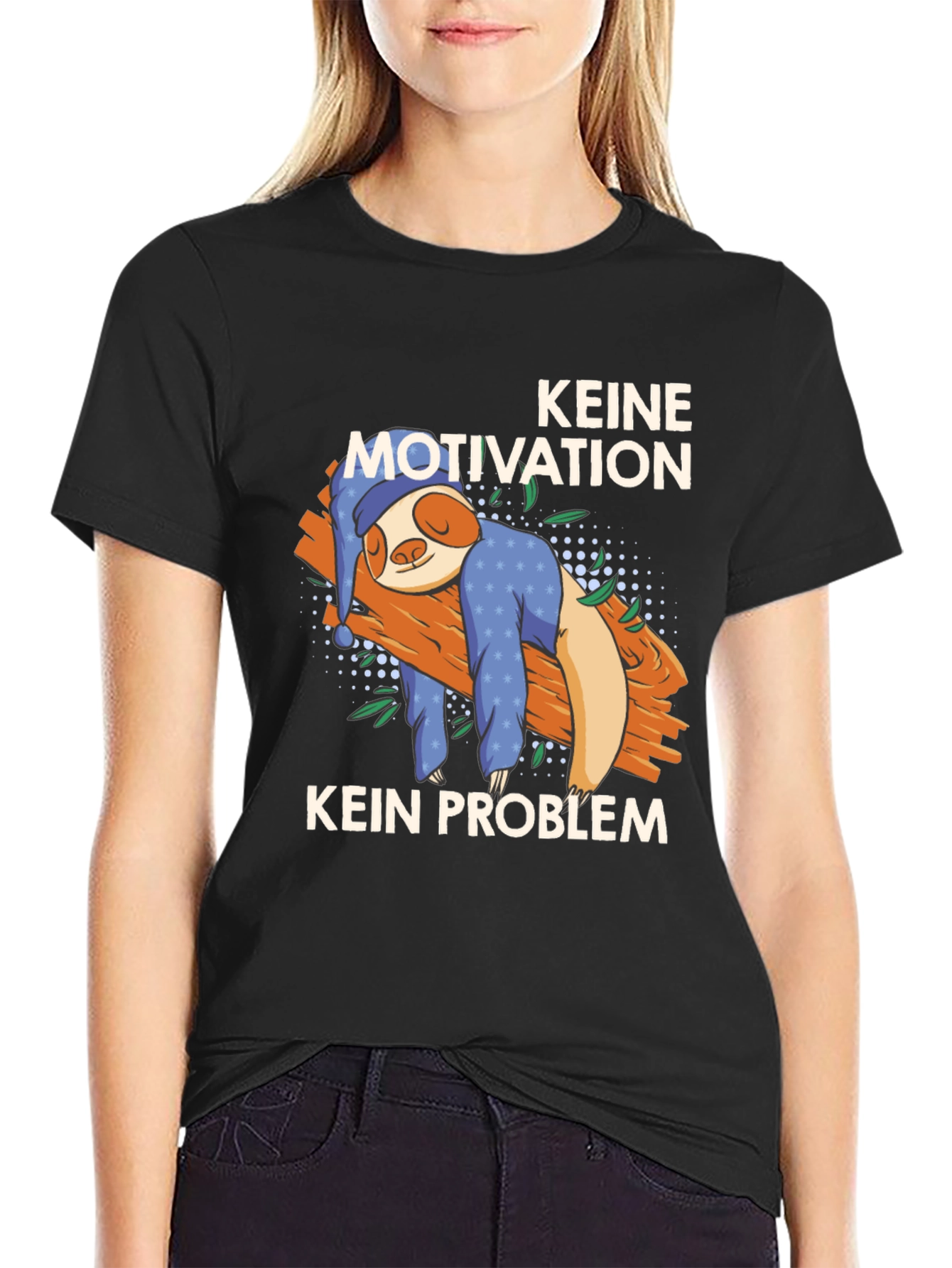 Black No Motivation No Problem Sloth T-Shirt view 2