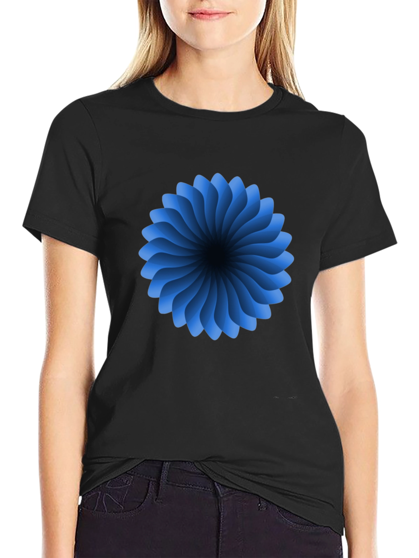 Black Abstract Blue Flower Graphic Black T-Shirt view 2