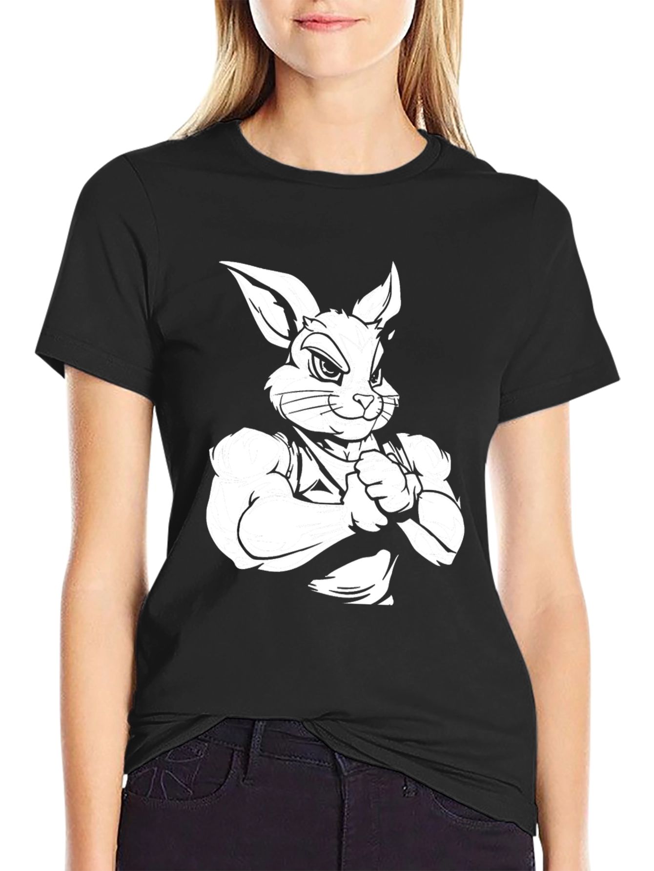 Black Black T-Shirt with Muscular Rabbit Graphic view 2