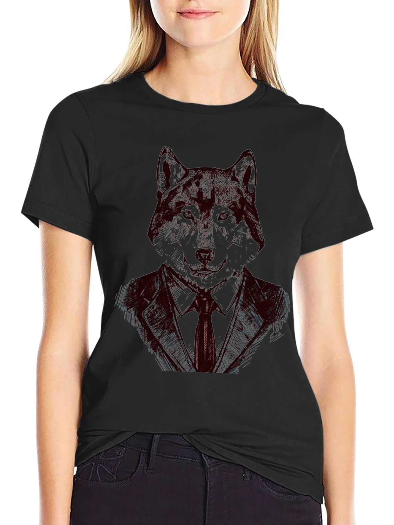 Black Wolf in Suit Black T-Shirt - Unique Graphic Tee view 2