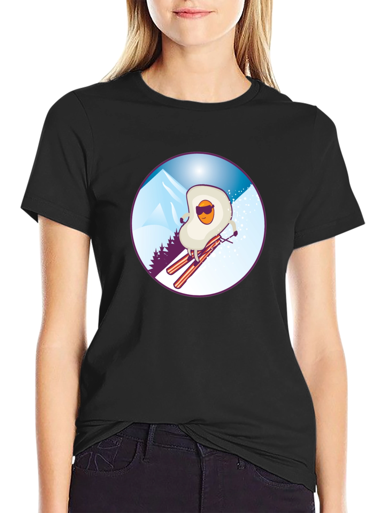 Black Funny Skiing Egg T-Shirt - Black view 2