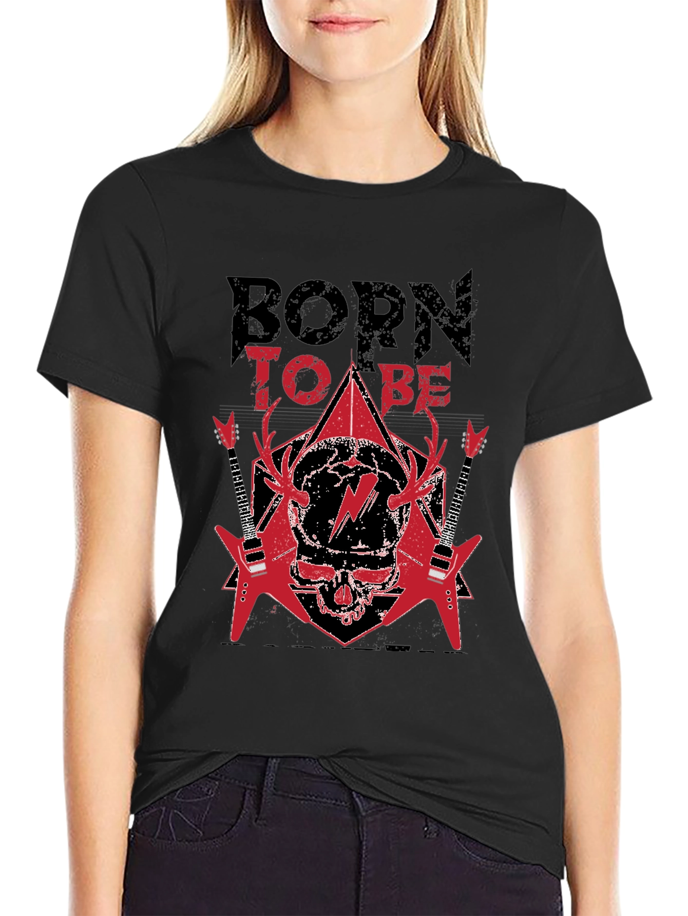Black Born to Be Rock T-Shirt - Skull & Guitars view 2