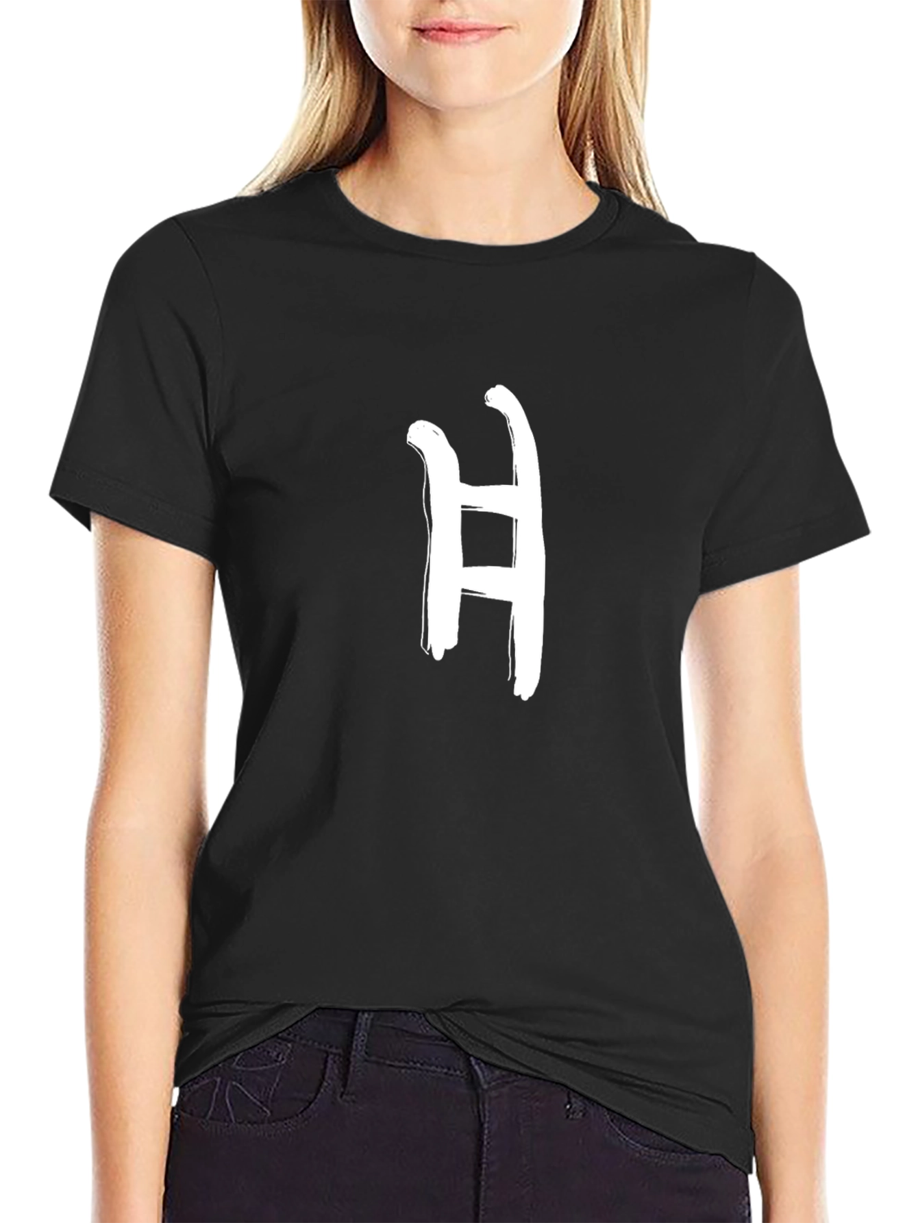Black Men's Black T-Shirt with Letter H Graphic Print view 2