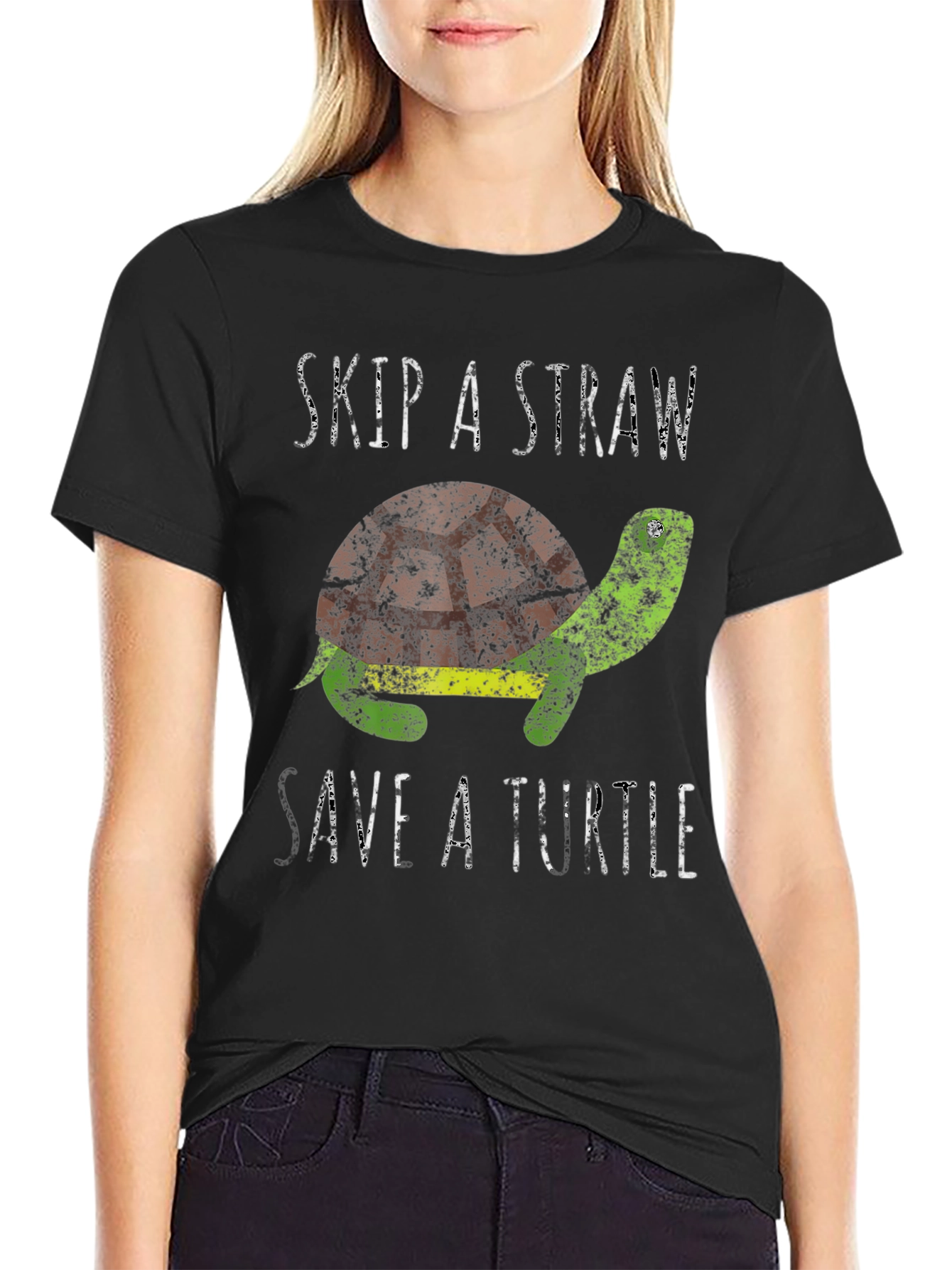 Black Skip A Straw Save A Turtle Graphic T-Shirt view 2