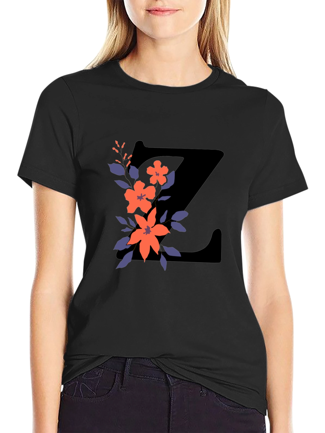Black Floral Letter Z Black T-Shirt view 2