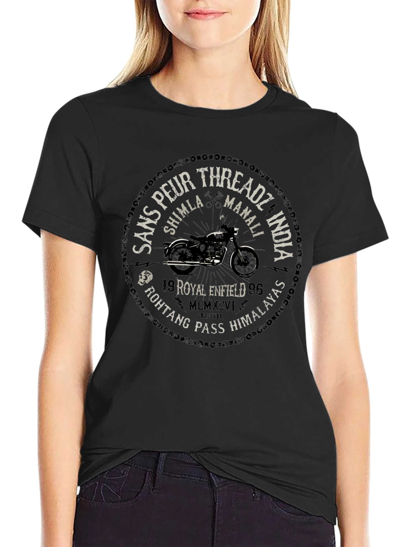 Black Sans Peur Threadz Royal Enfield Motorcycle T-Shirt view 2