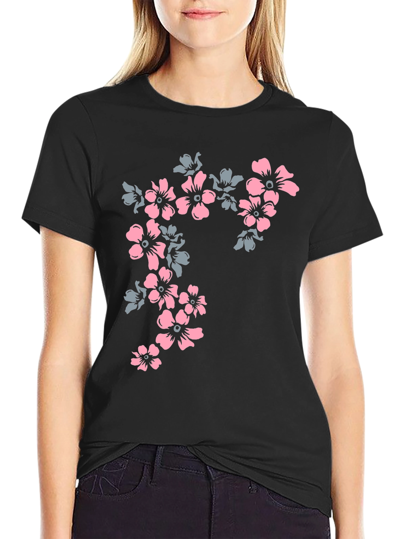 Black Floral Print Tee - Black Casual T-Shirt view 2