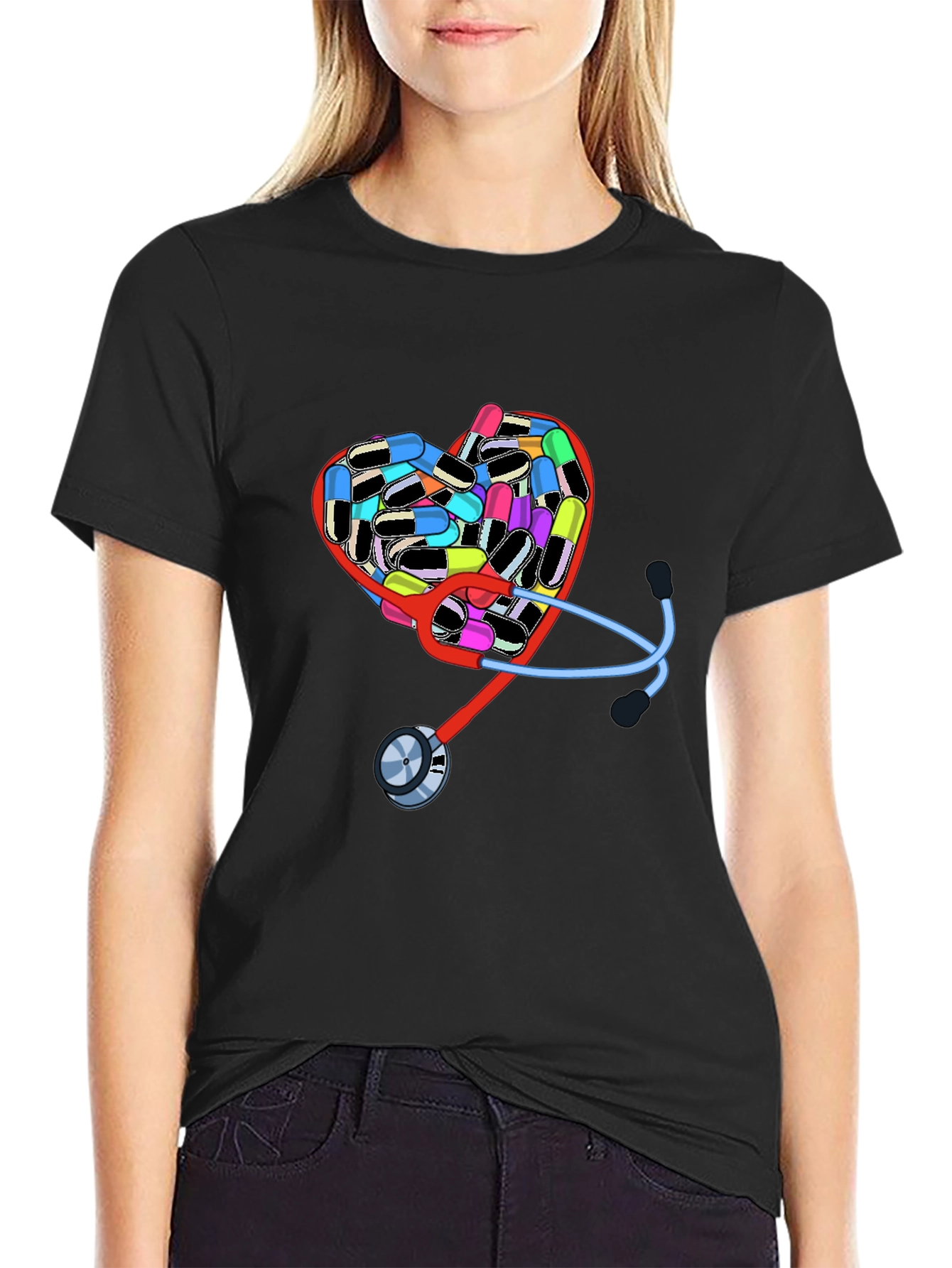 Black Heart Pills & Stethoscope Graphic T-Shirt view 2