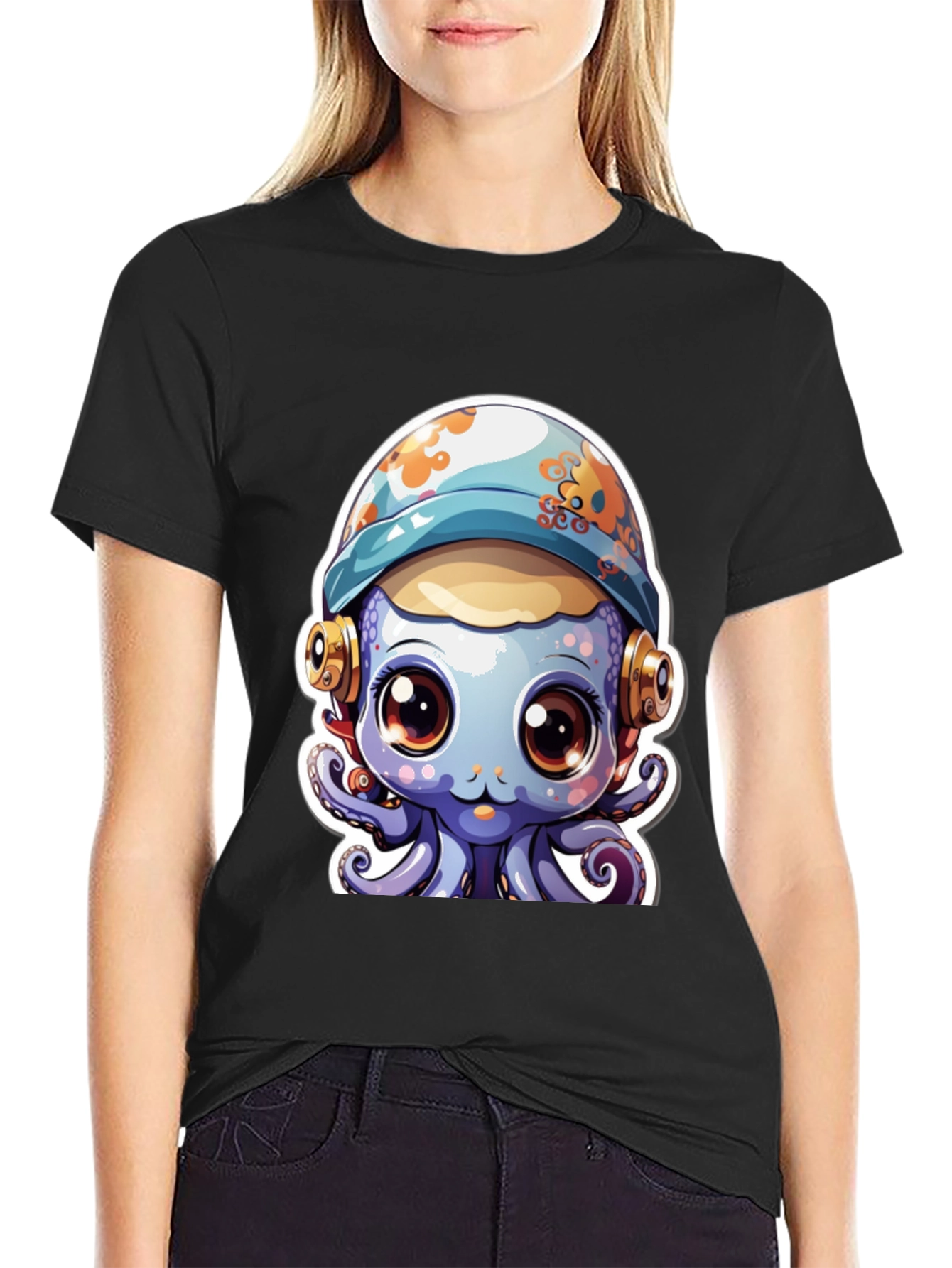 Black Cute Octopus Tee - Unique Graphic T-Shirt view 2