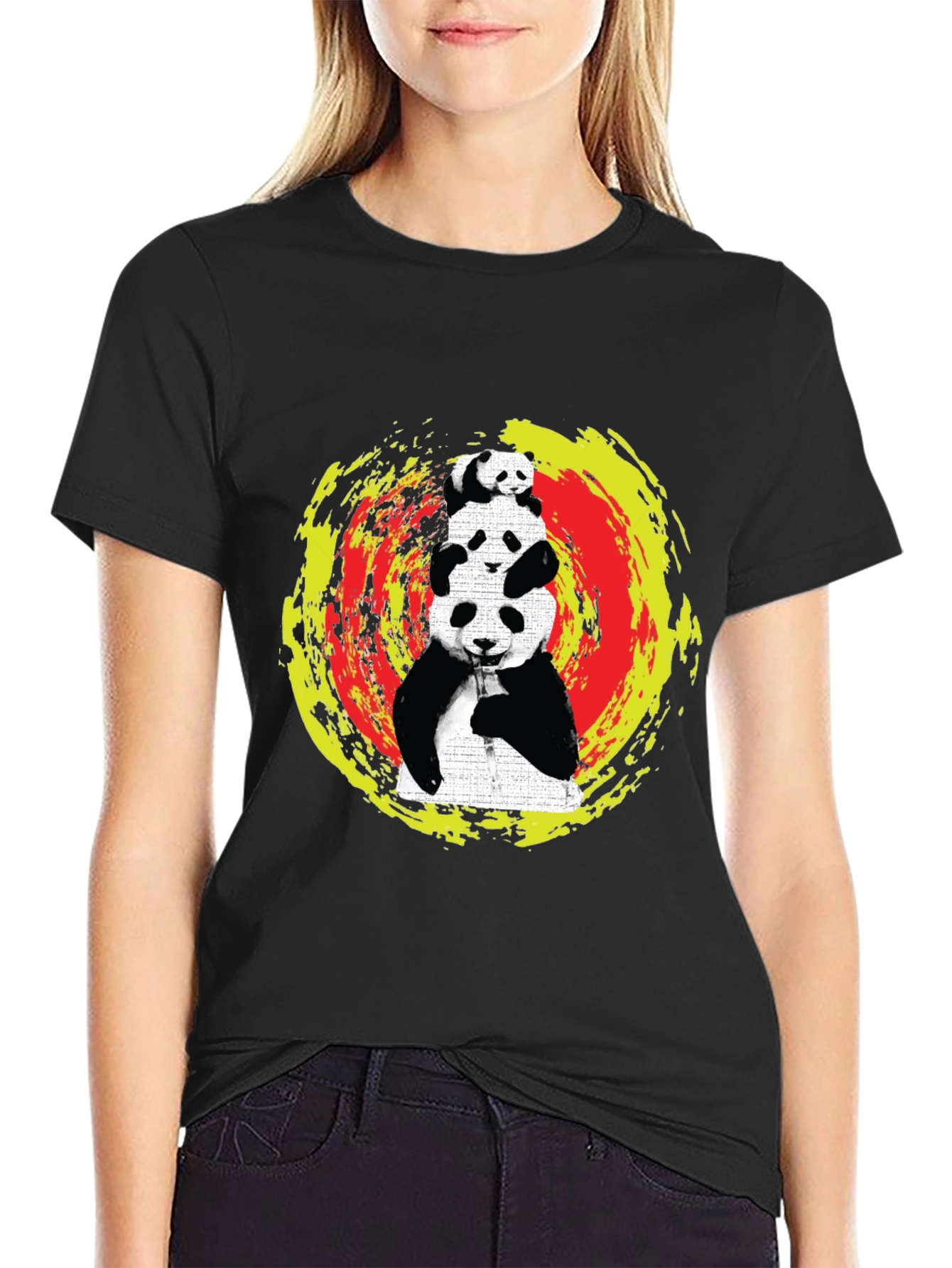 Black Stacked Panda Graphic Tee - Black Cotton Blend view 2