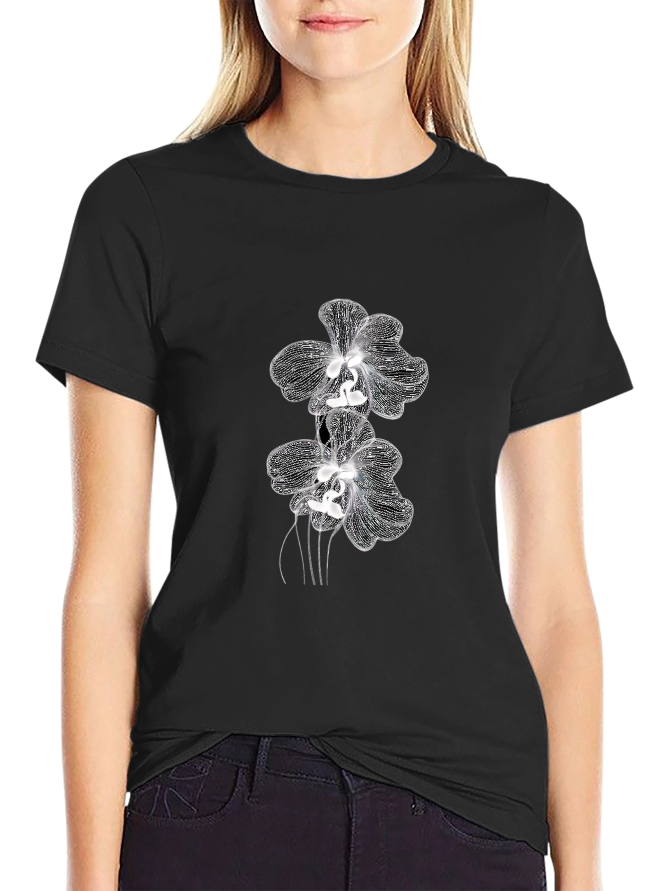 Black Elegant Orchid Graphic Tee - Black Cotton Blend view 2