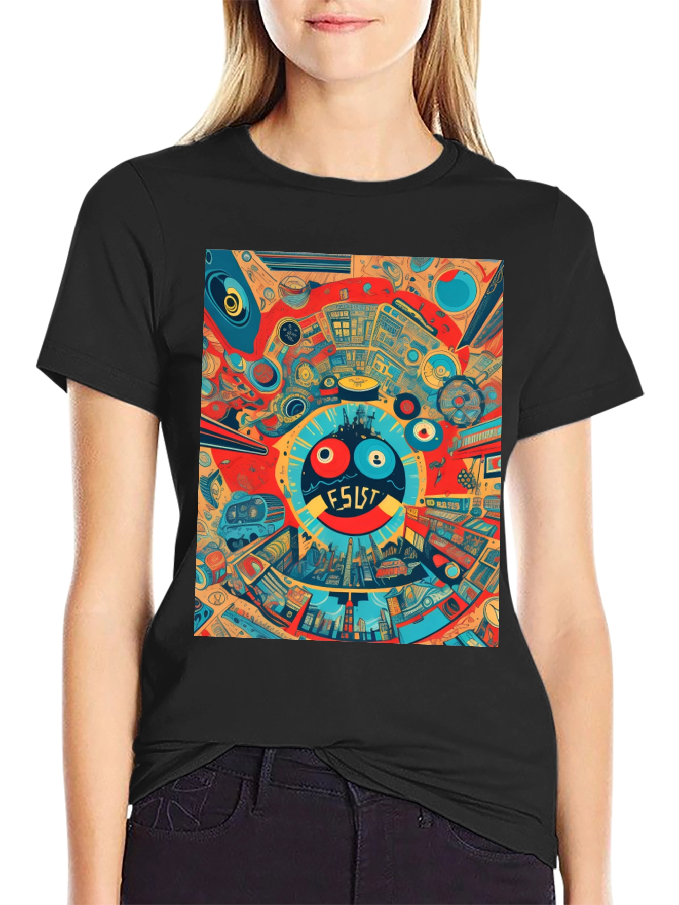 Black Abstract Graphic Print Crew Neck Tee view 2