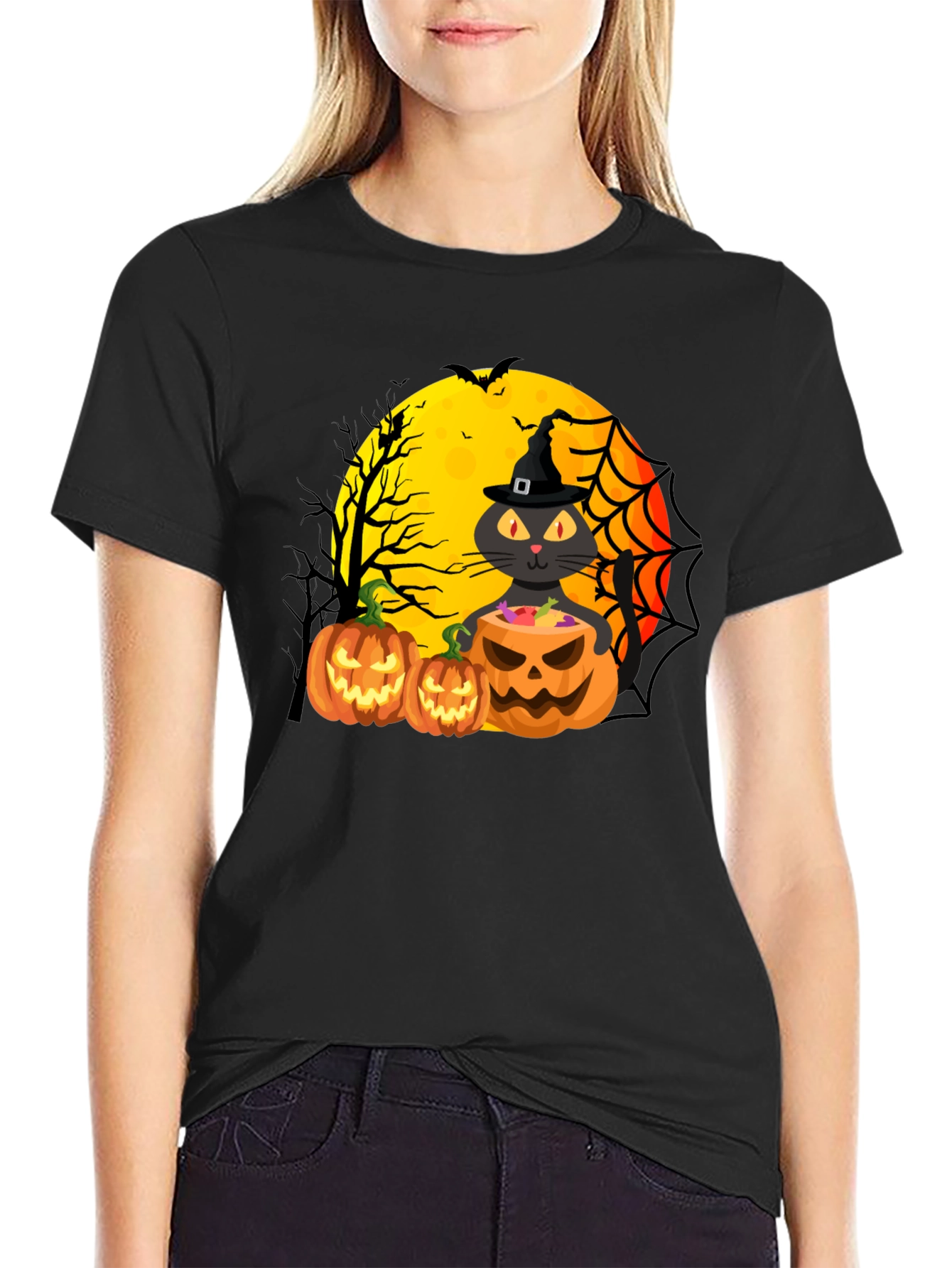 Black Halloween Cat & Pumpkins Black T-Shirt view 2