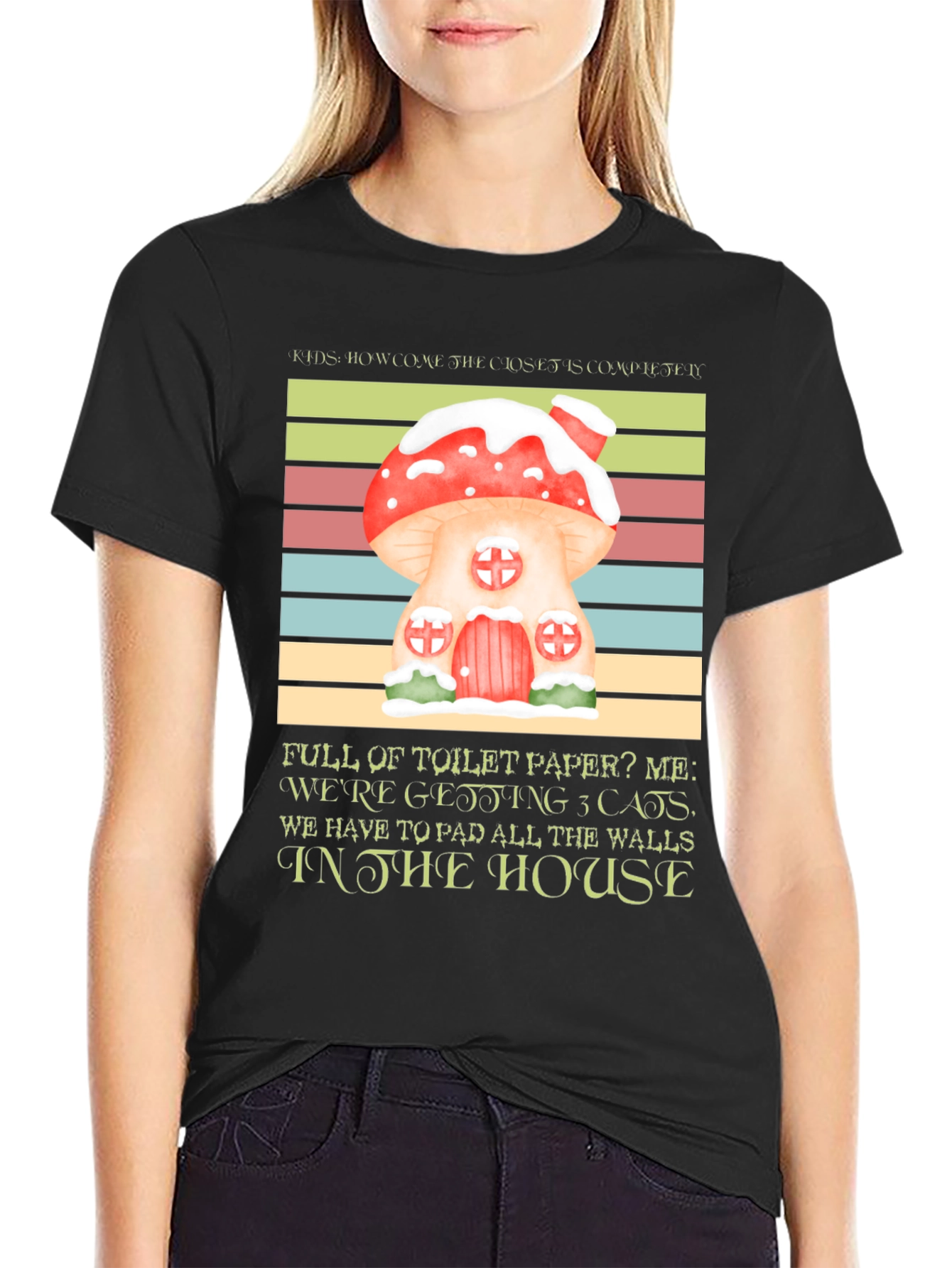 Black Mushroom House Cat Lover T-Shirt view 2