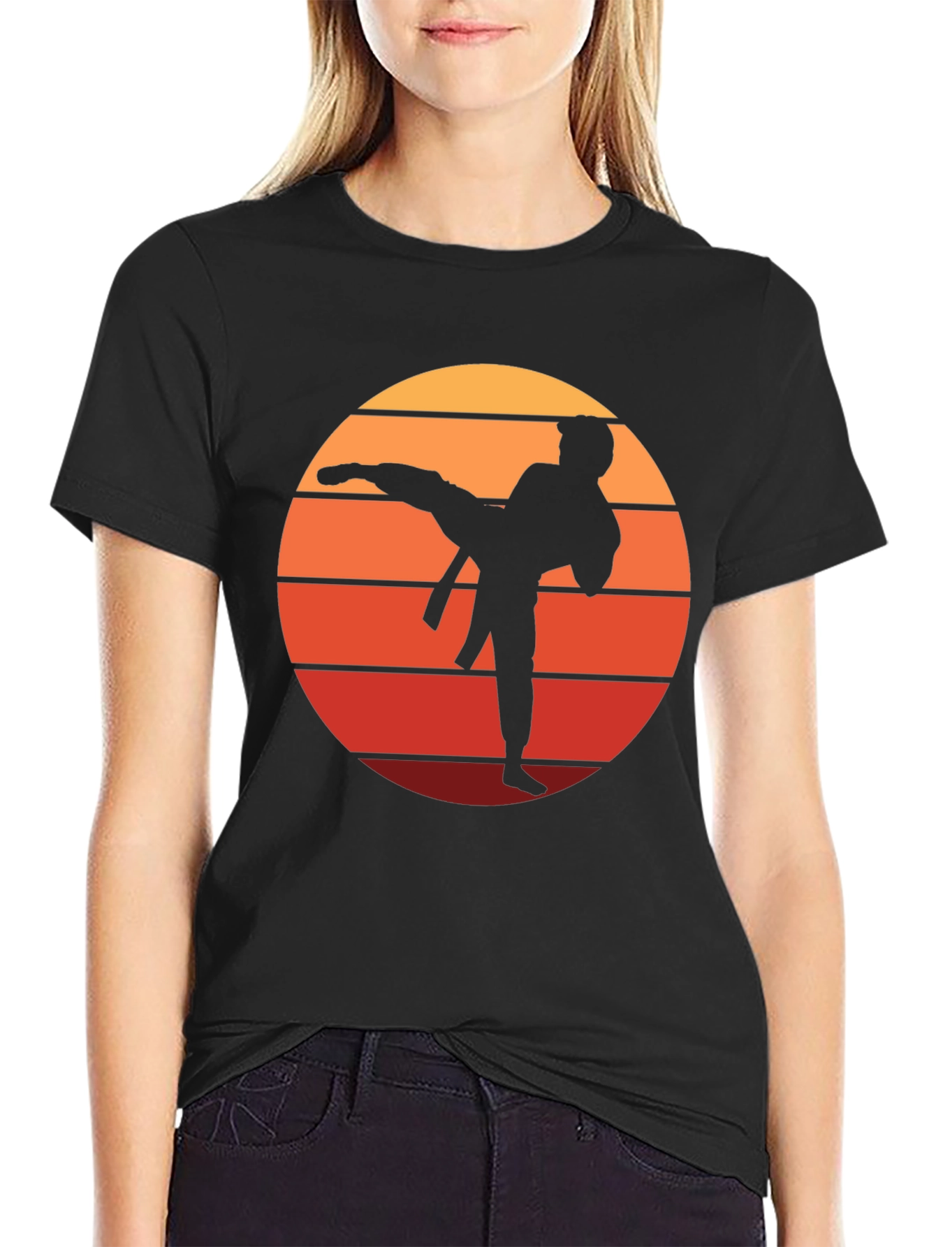 Black Karate Sunset Graphic Tee - Martial Arts Silhouette T-Shirt view 2