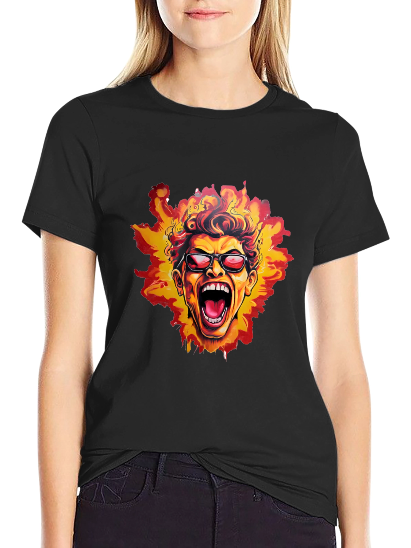 Black Fiery Screaming Face Graphic Black T-Shirt view 2
