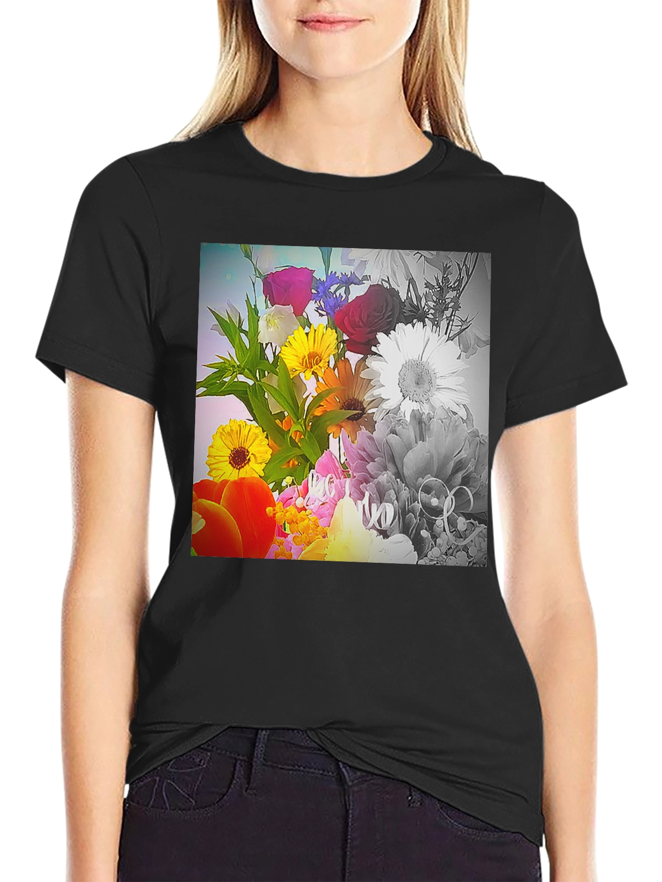 Black Floral Bouquet Graphic T-Shirt - Vivid Print Tee view 2
