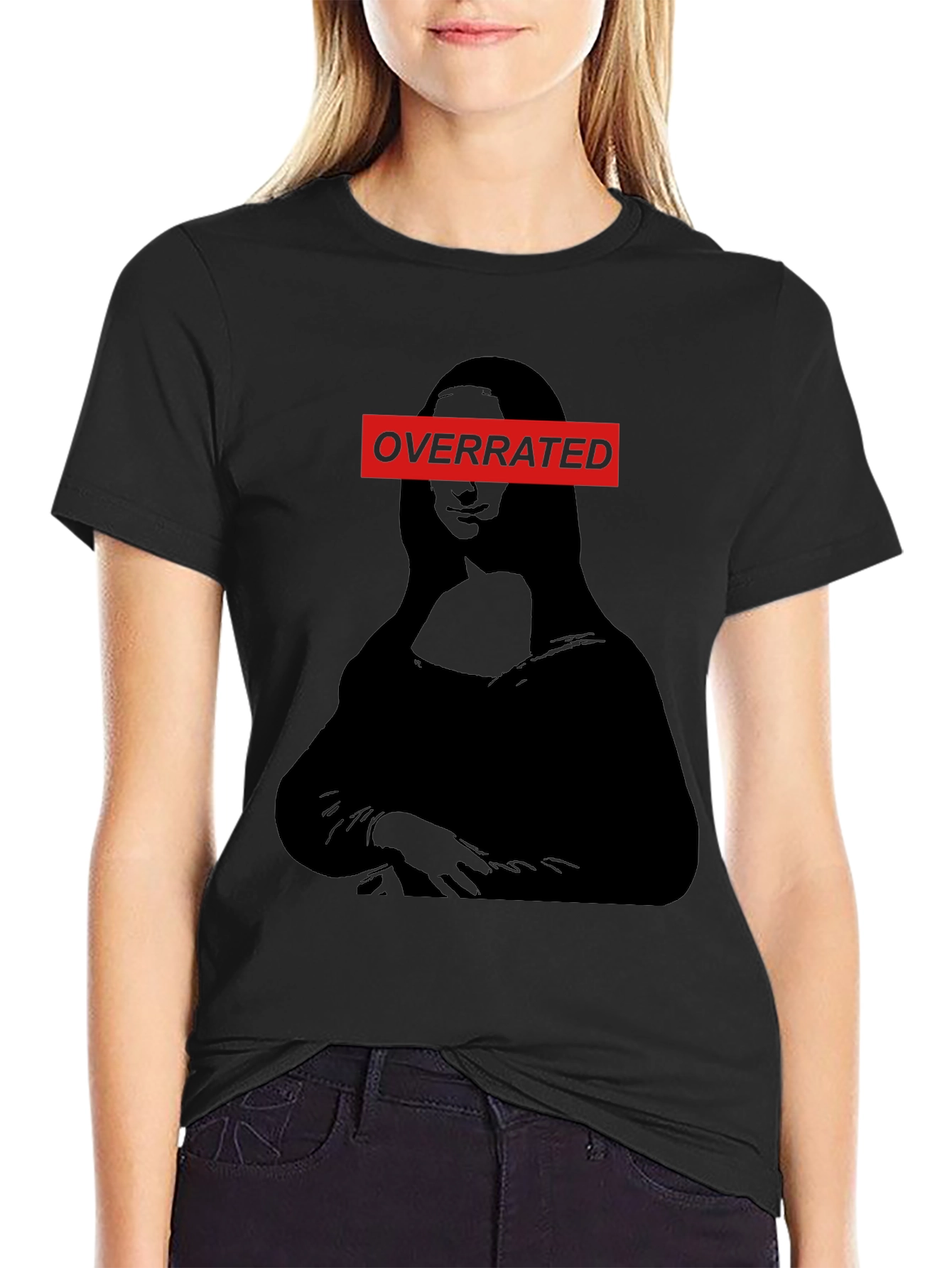 Black Overrated Mona Lisa Graphic Tee - Unique Humor T-Shirt view 2