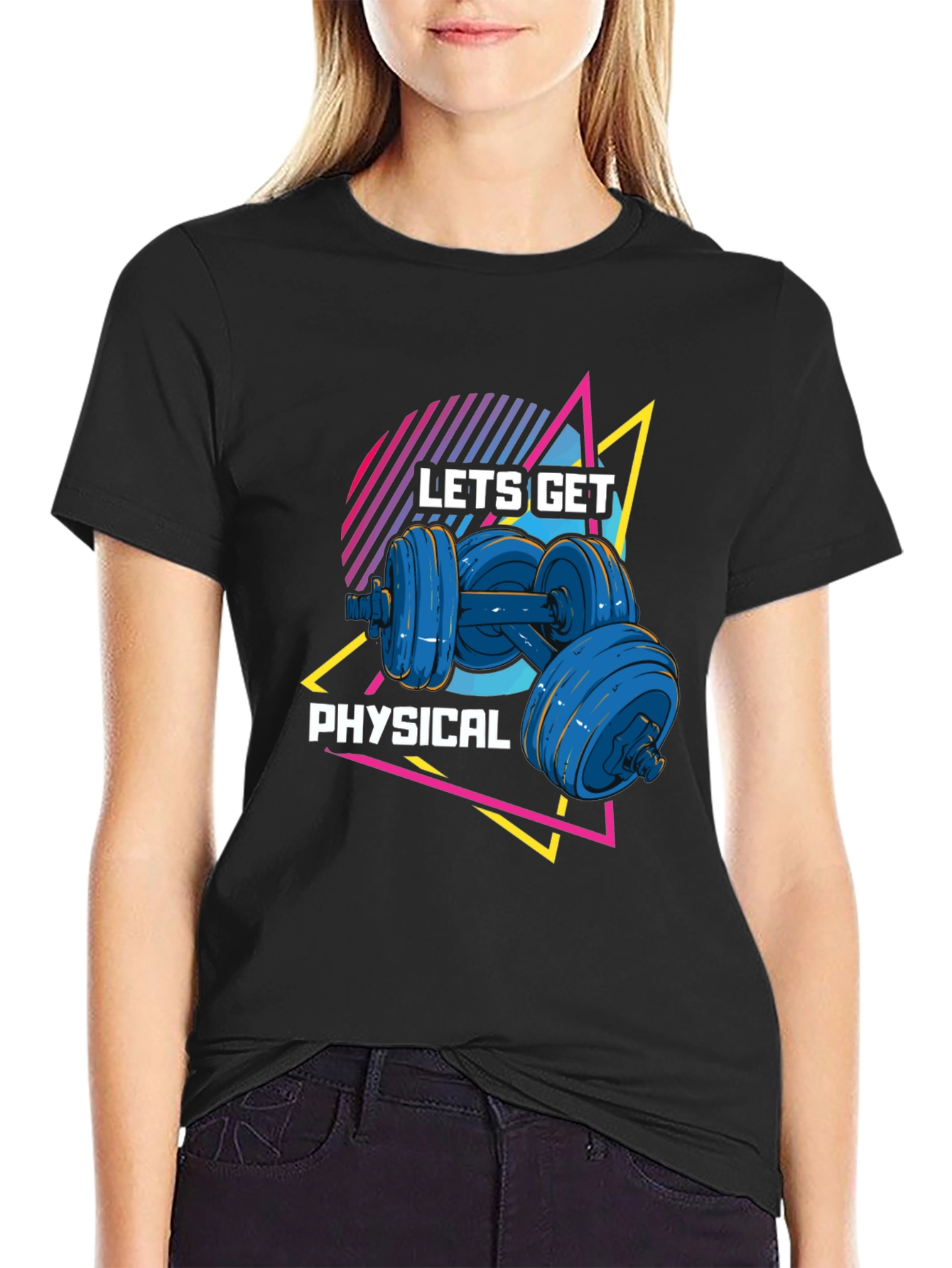 Black Lets Get Physical Black T-Shirt Retro Dumbbell Design view 2