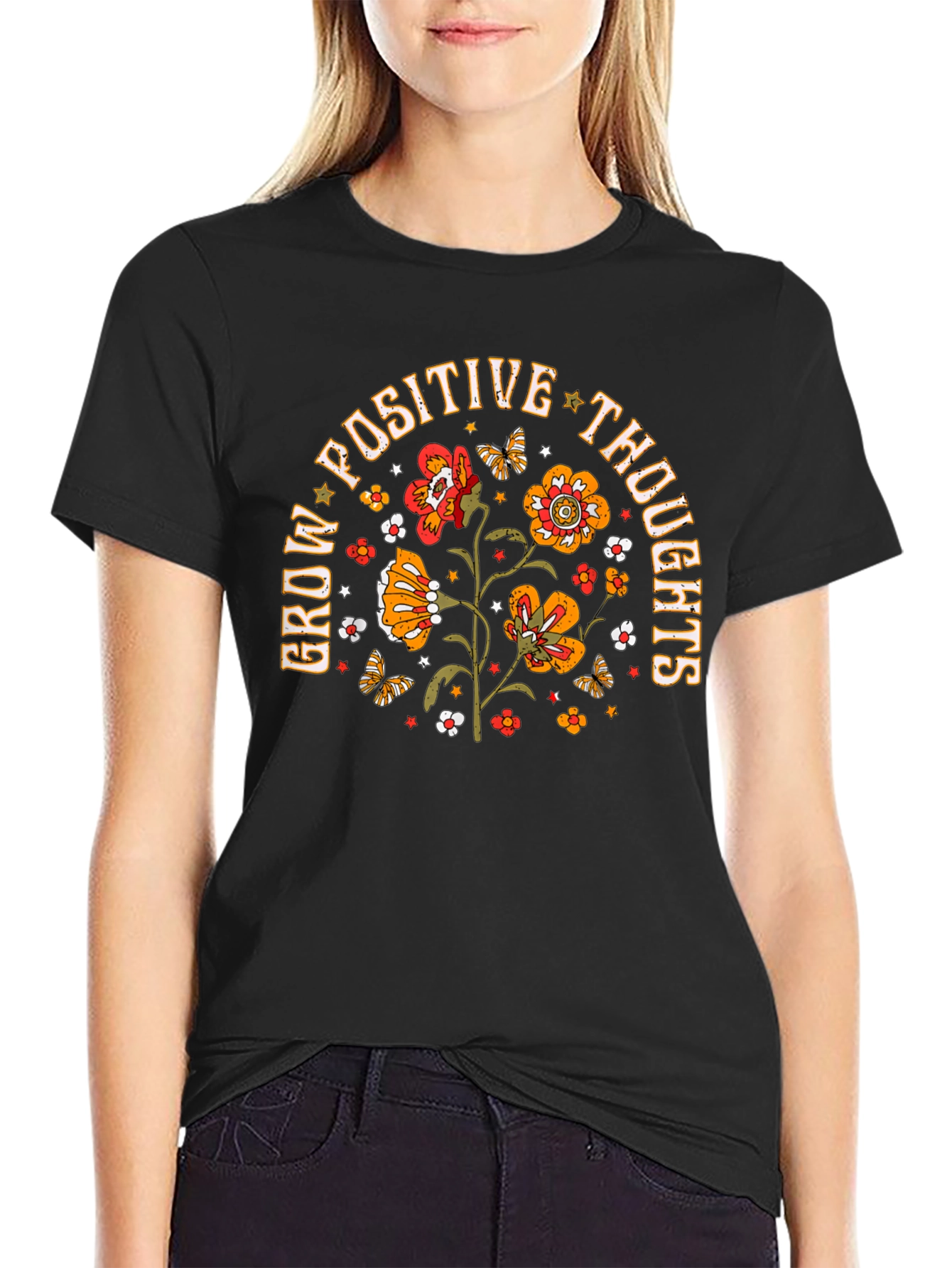 Black Grow Positive Thoughts Graphic Tee view 2