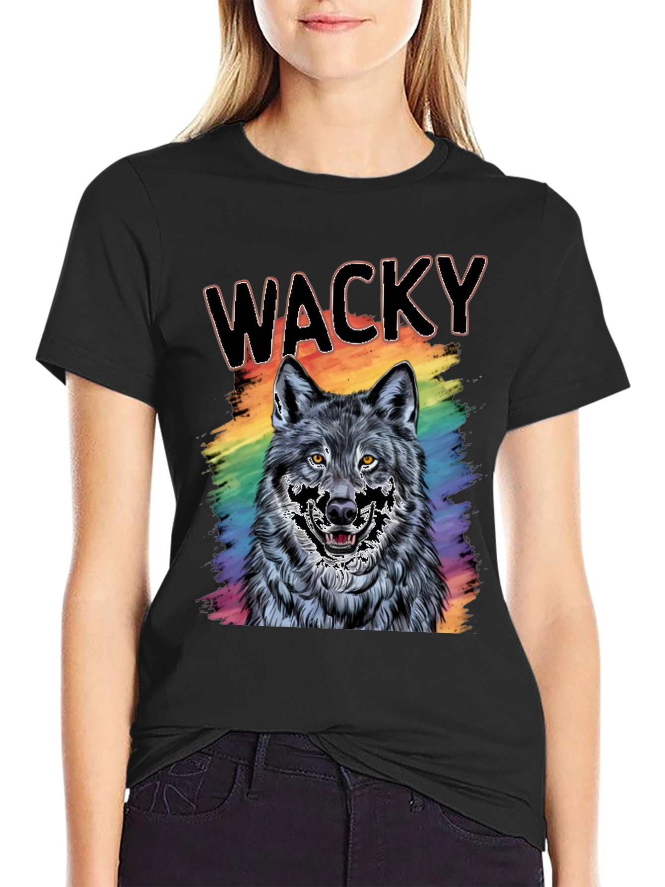 Black Wacky Wolf Graphic Tee - Colorful Animal T-Shirt view 2