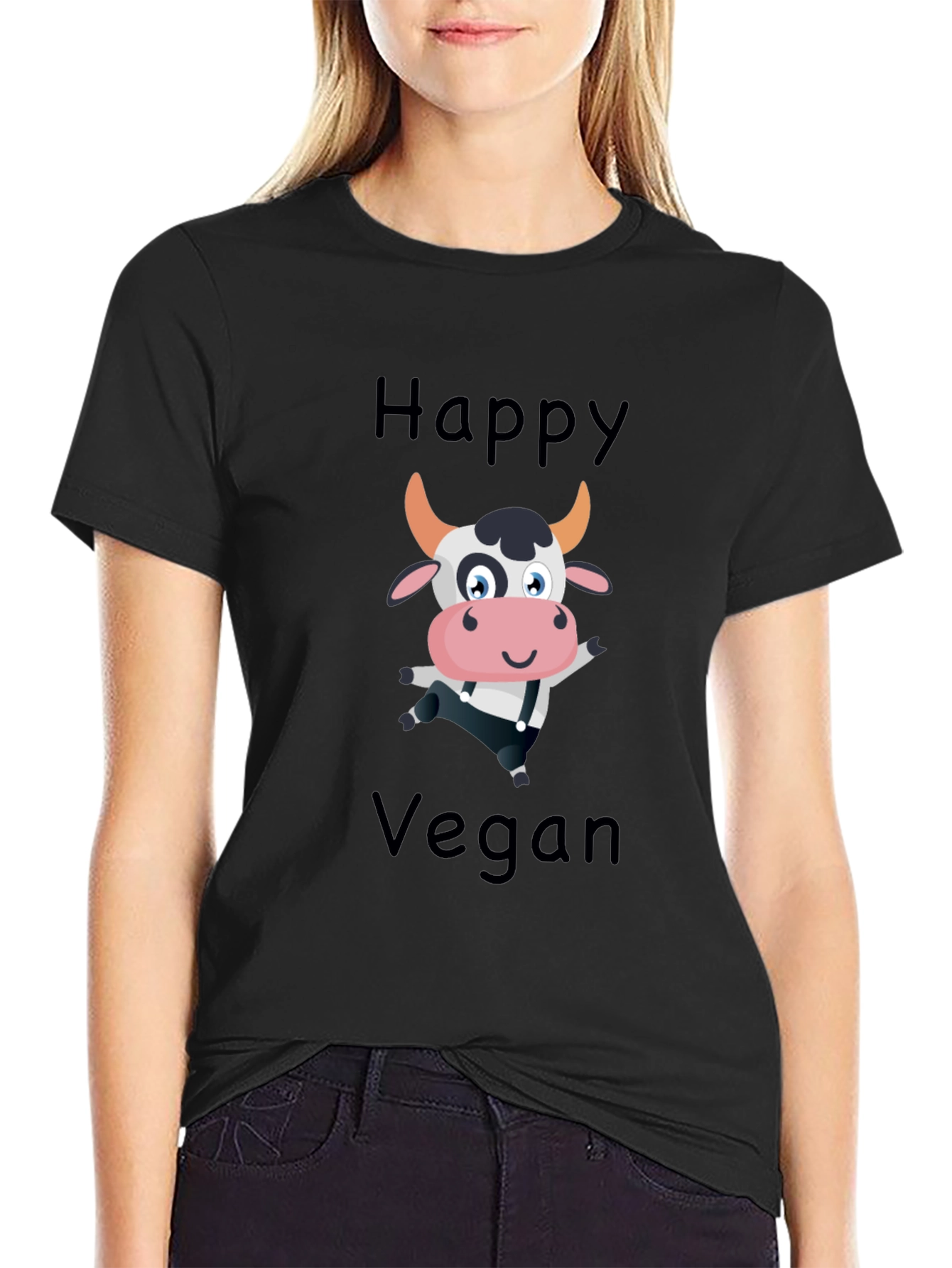 Black Happy Vegan Cartoon Cow Black T-Shirt view 2